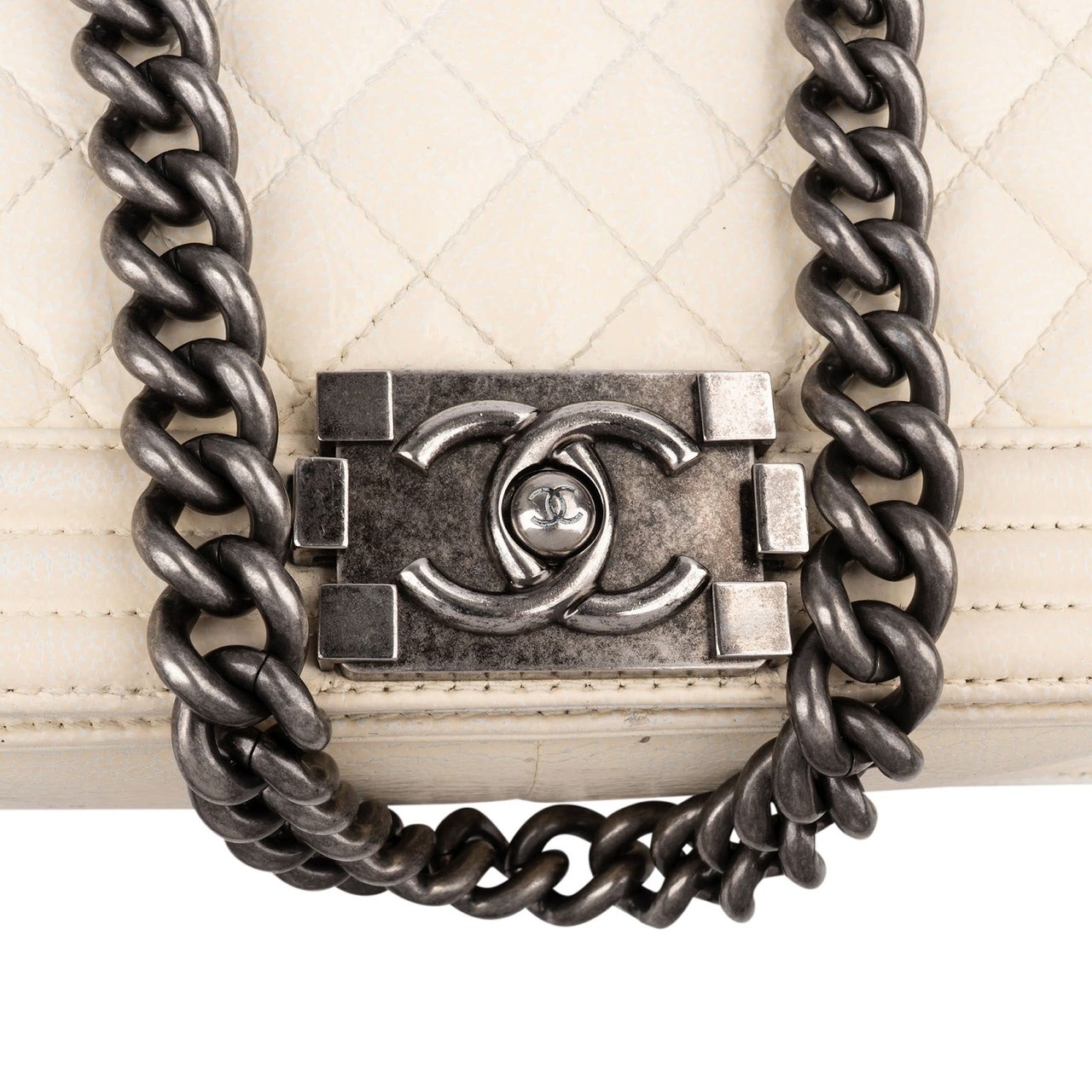 Chanel Quilted Patent Leather Medium Single Flap Boy Crossbody Bag Beige