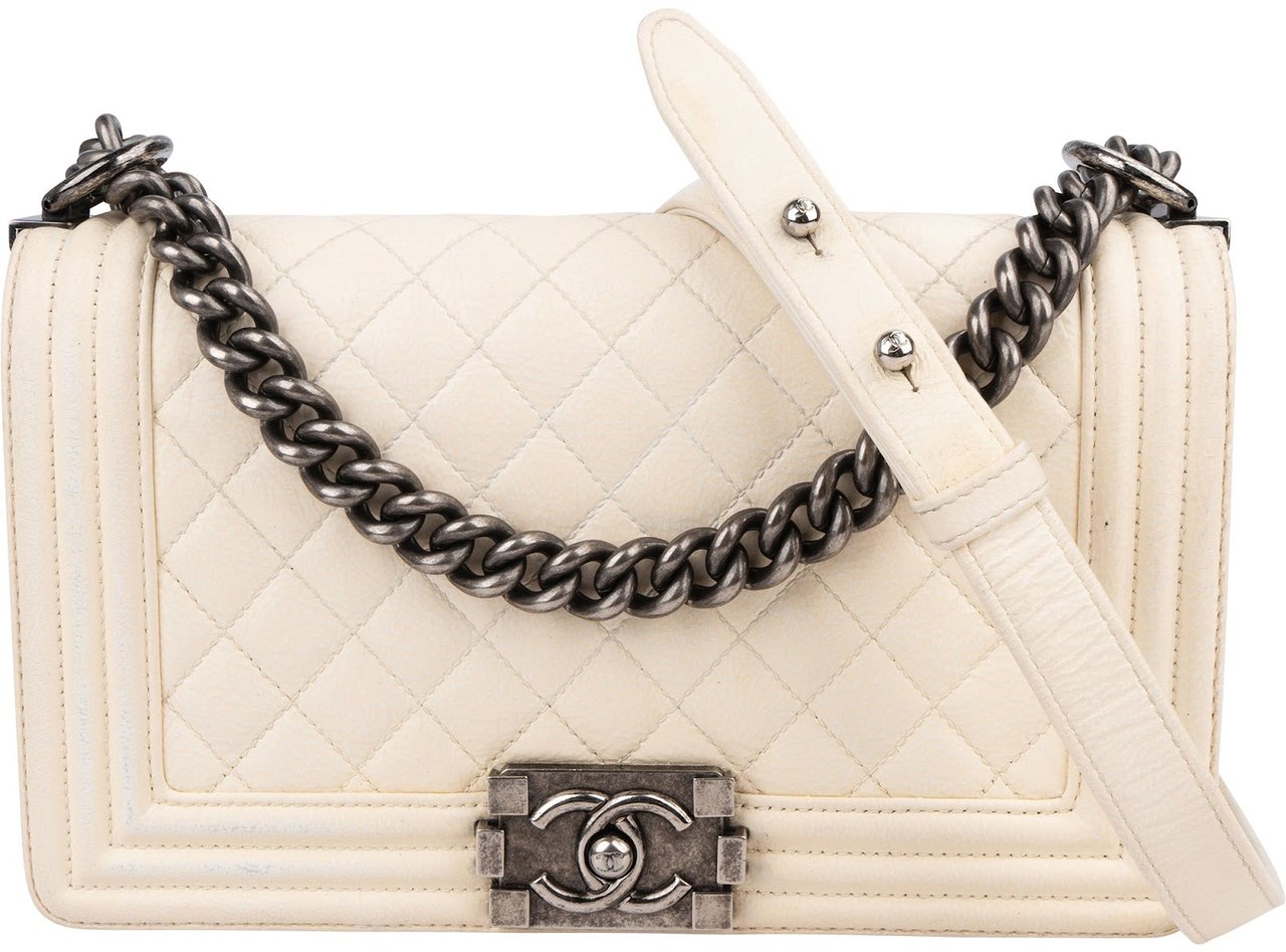 Chanel Quilted Patent Leather Medium Single Flap Boy Crossbody Bag Beige