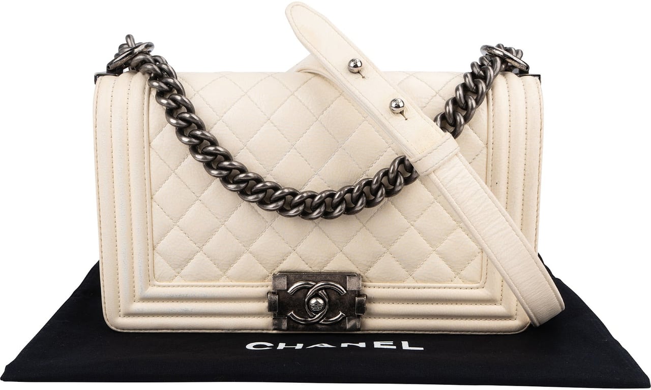 Chanel Quilted Patent Leather Medium Single Flap Boy Crossbody Bag Beige