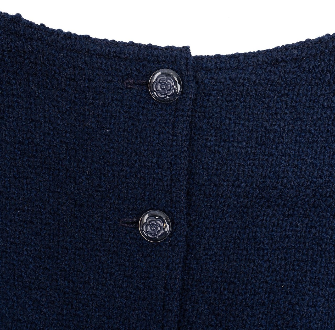 Chanel Navy Wool Tweed Fringed Button Vintage Dress (DE34 / FR36) Navy