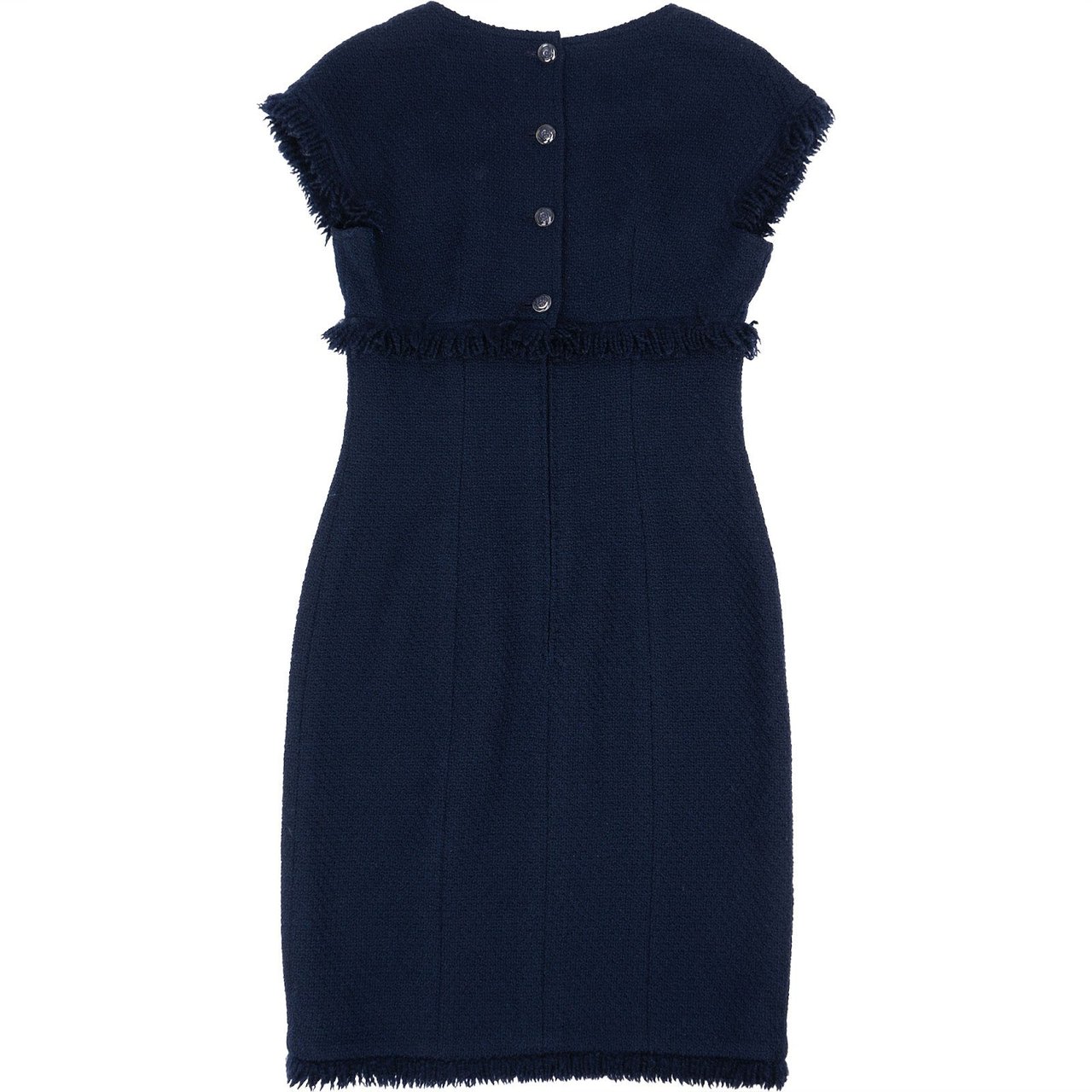Chanel Navy Wool Tweed Fringed Button Vintage Dress (DE34 / FR36) Navy