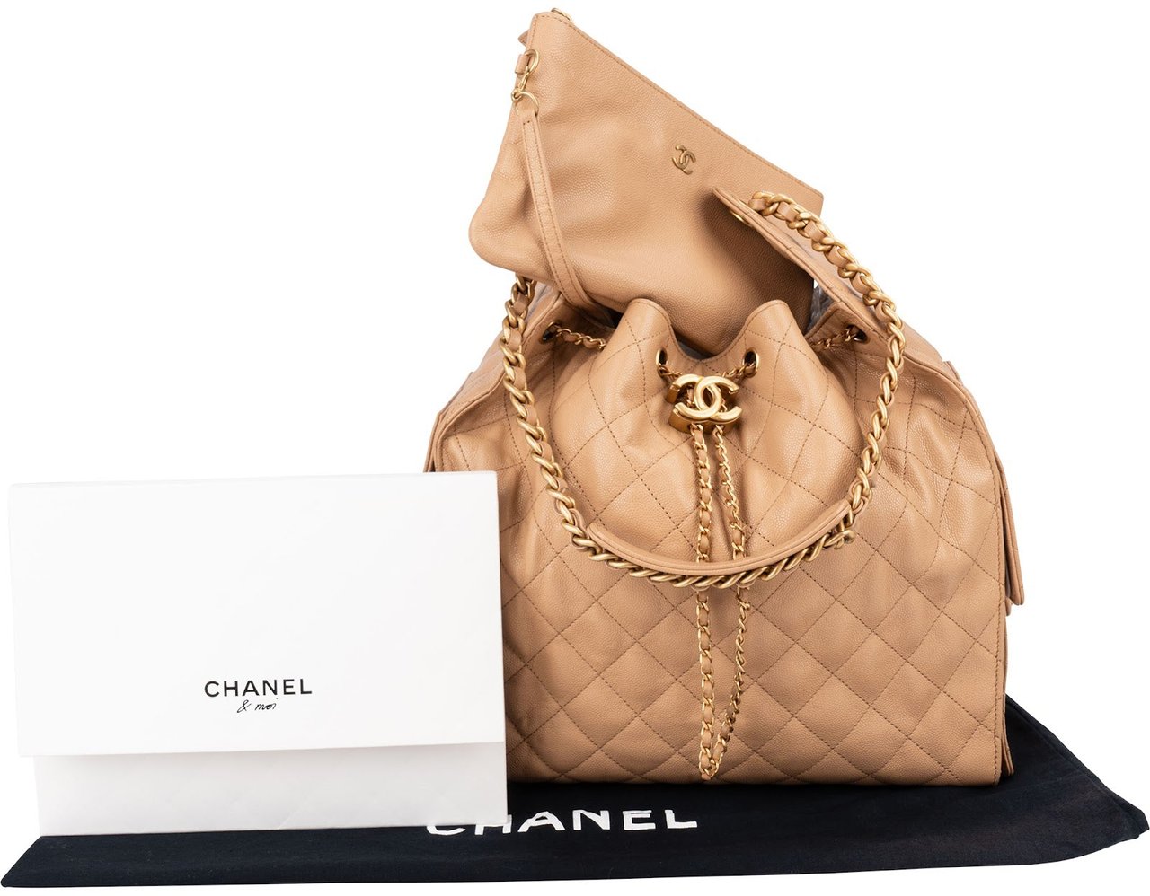 Chanel 25 Medium Quilted Caviar Leather CC Drawstring Shoulder Bag Beige