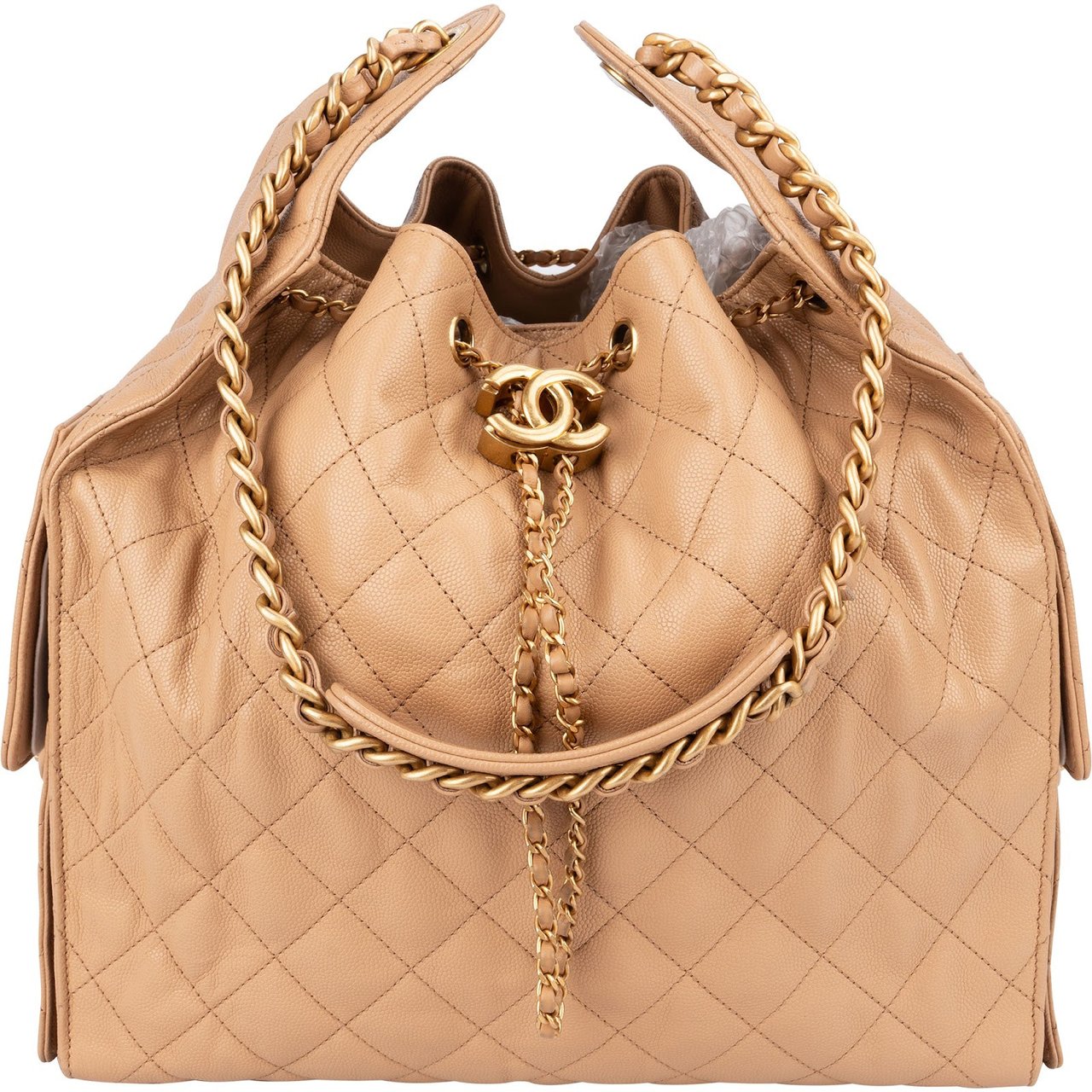 Chanel 25 Medium Quilted Caviar Leather CC Drawstring Shoulder Bag Beige