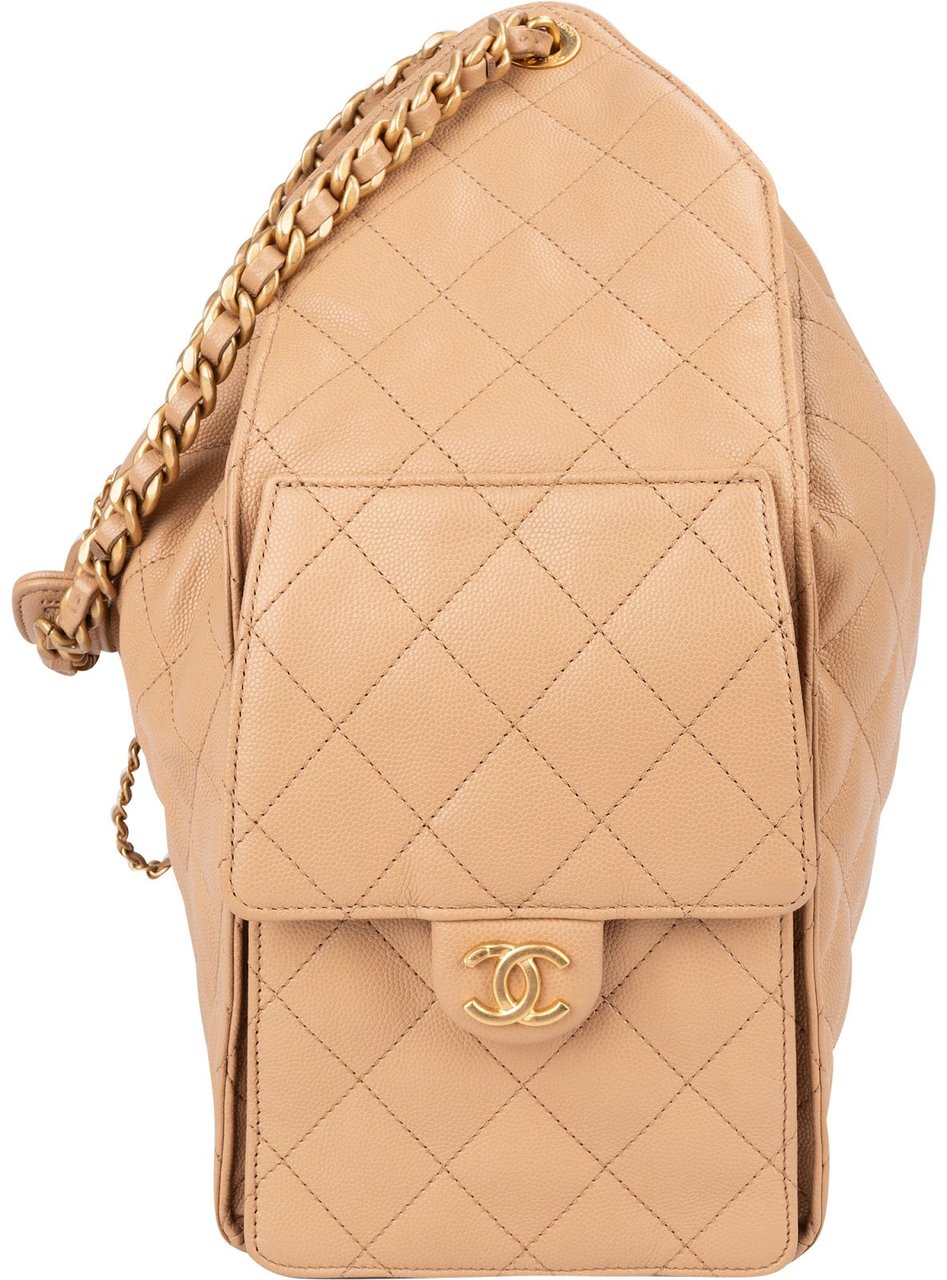 Chanel 25 Medium Quilted Caviar Leather CC Drawstring Shoulder Bag Beige