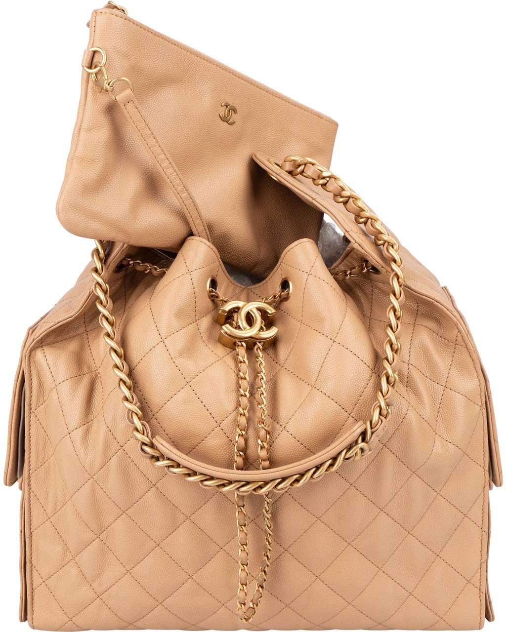 Chanel 25 Medium Quilted Caviar Leather CC Drawstring Shoulder Bag Beige