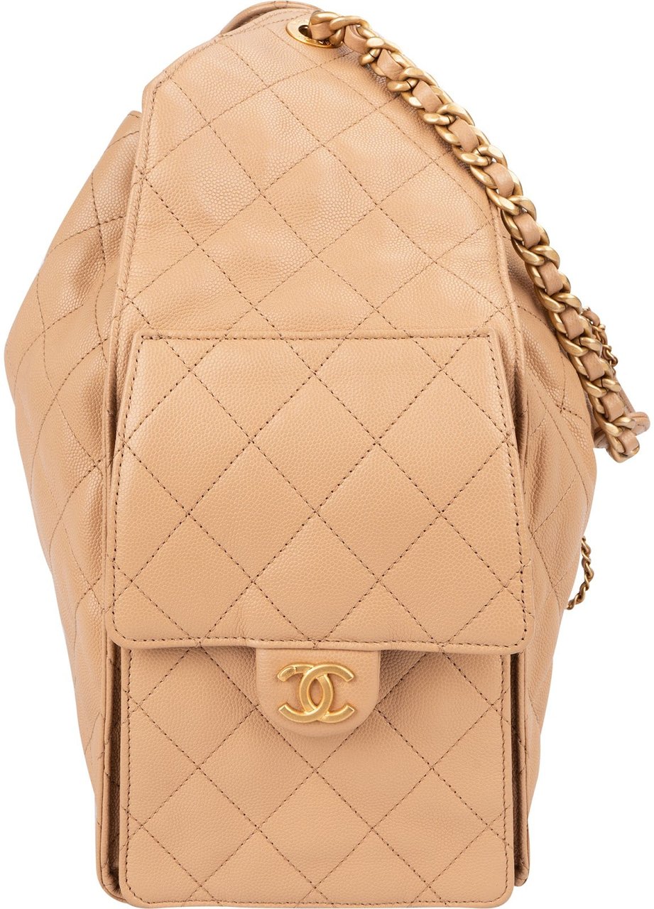 Chanel 25 Medium Quilted Caviar Leather CC Drawstring Shoulder Bag Beige