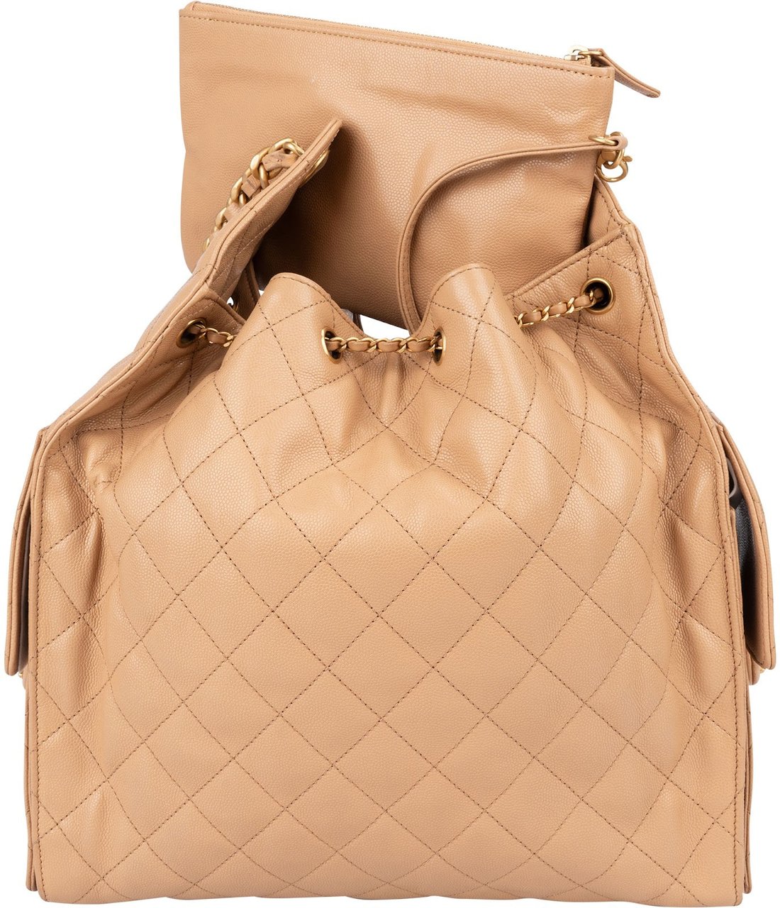 Chanel 25 Medium Quilted Caviar Leather CC Drawstring Shoulder Bag Beige