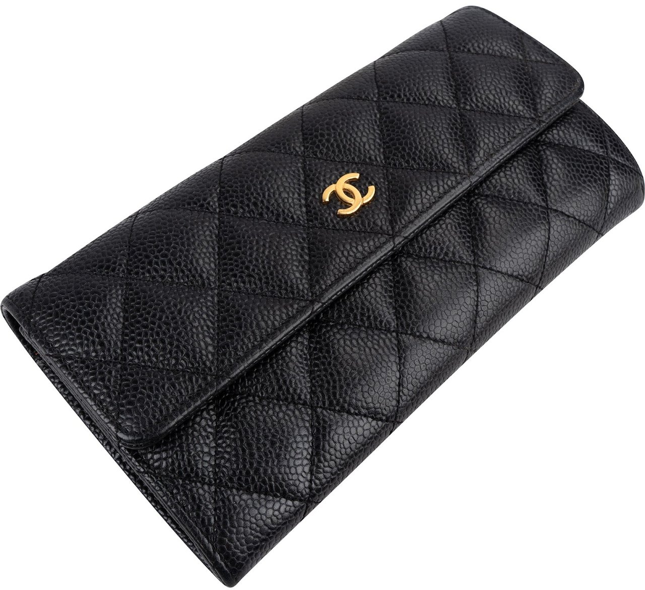 Chanel Quilted Caviar Leather CC Classic Long Flap Wallet Zwart