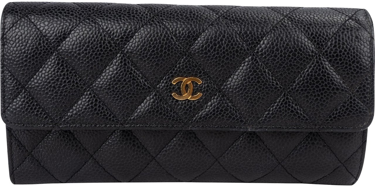 Chanel Quilted Caviar Leather CC Classic Long Flap Wallet Zwart