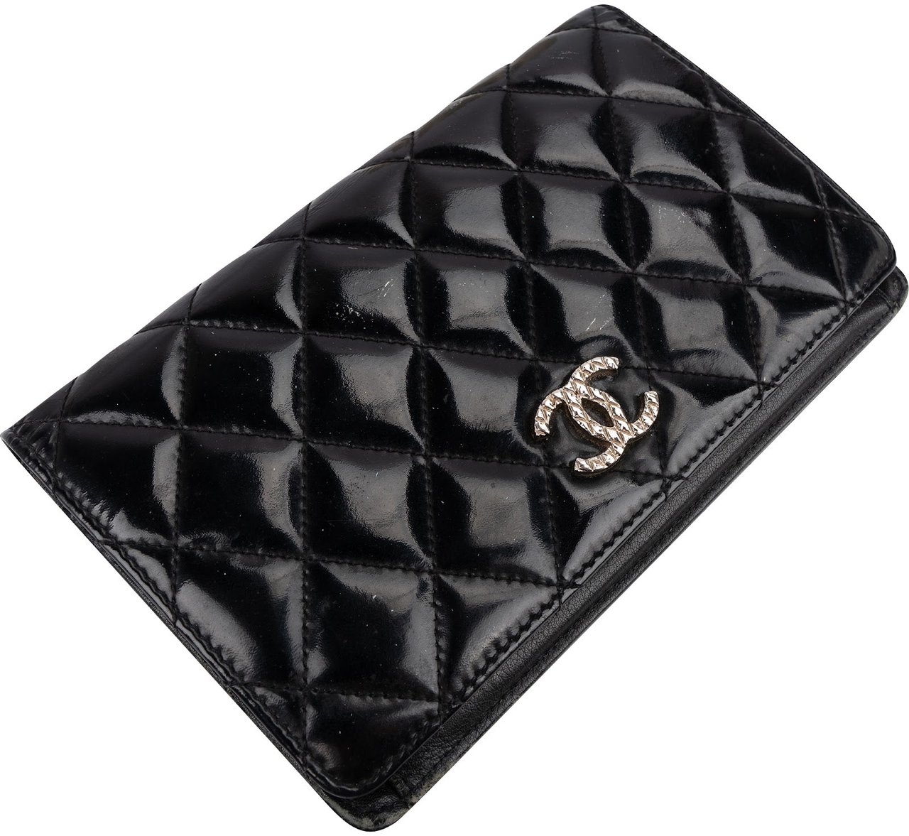 Chanel Quilted Patent Leather Crystal CC Flap Wallet Zwart