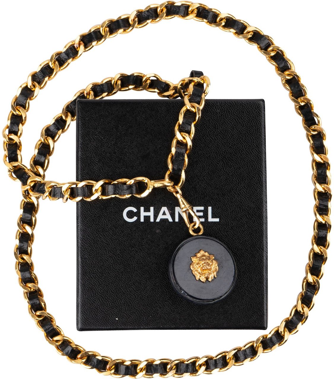 Chanel Black Lambskin Lion Head Medallion Golden Belly Chain Belt (94) Zwart