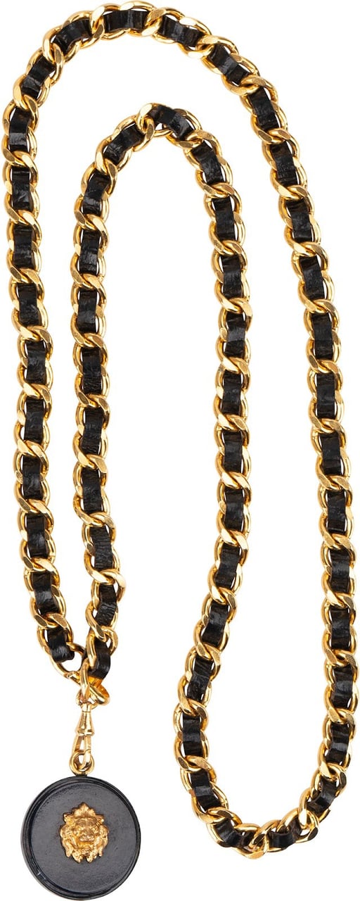 Chanel Black Lambskin Lion Head Medallion Golden Belly Chain Belt (94) Zwart