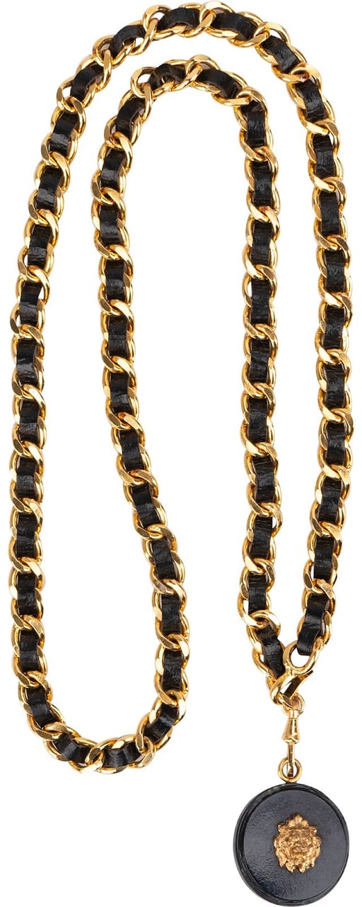 Chanel Black Lambskin Lion Head Medallion Golden Belly Chain Belt (94) Zwart