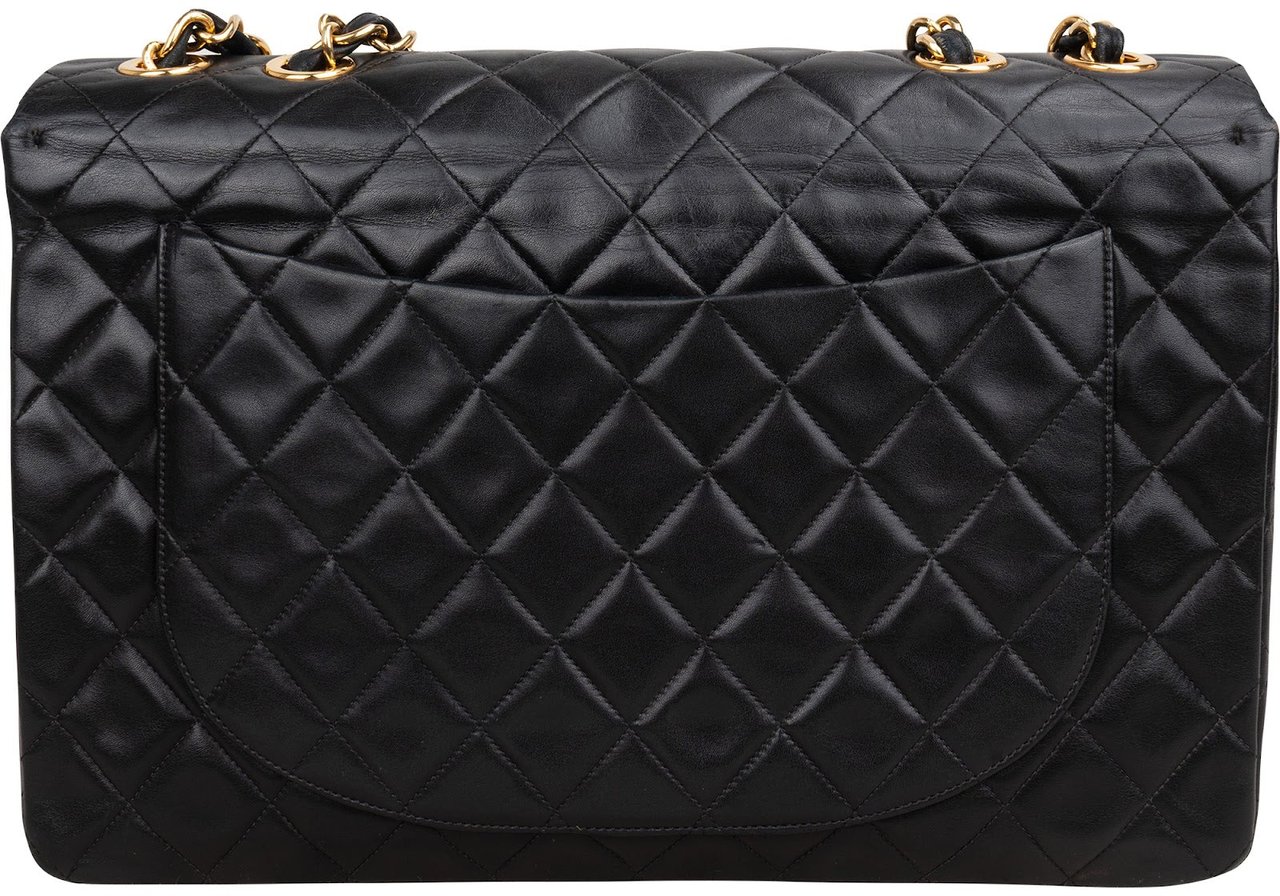 Chanel Quilted Lambskin 24K Gold Jumbo Single Flap Crossbody Bag Zwart