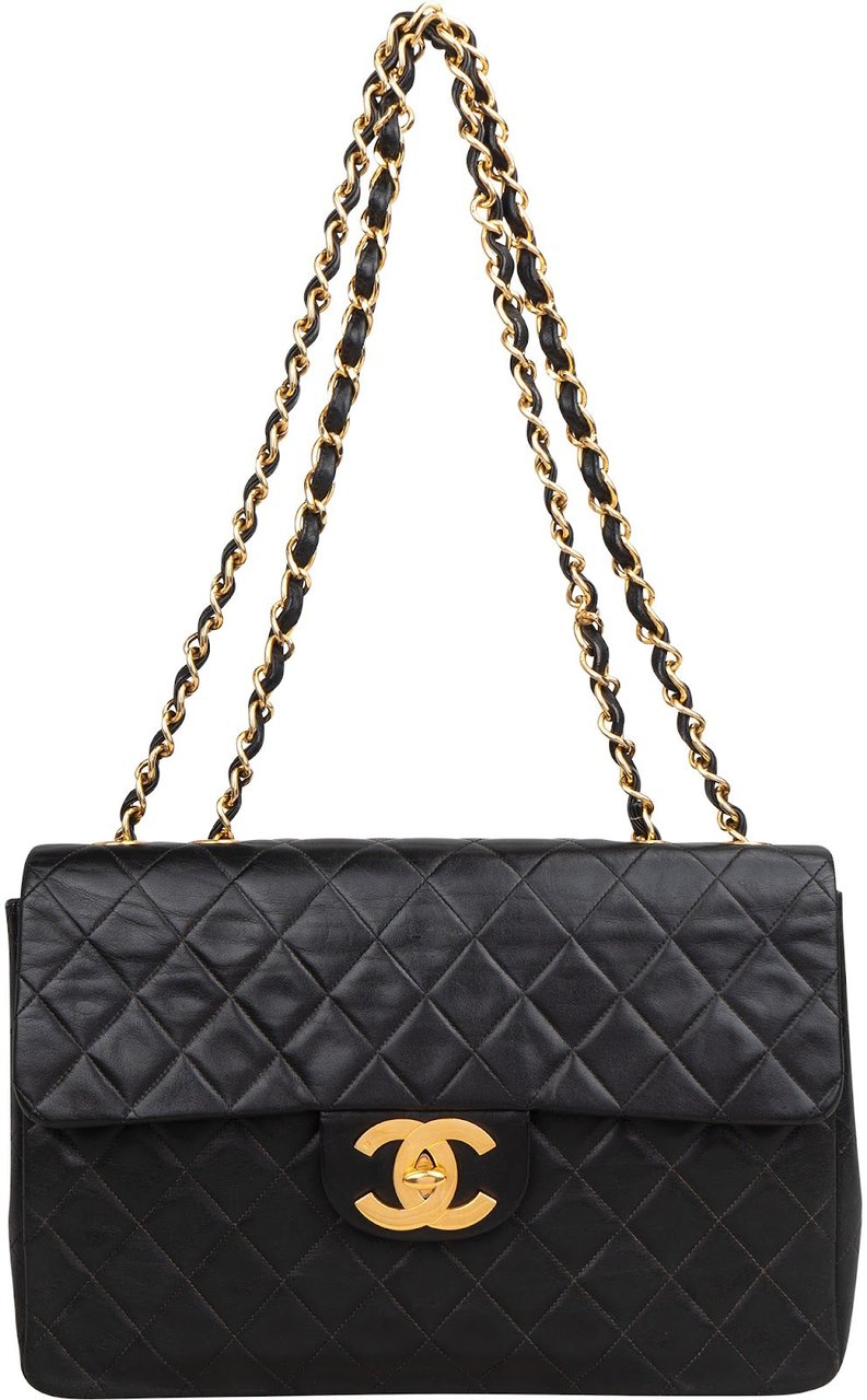 Chanel Quilted Lambskin 24K Gold Jumbo Single Flap Crossbody Bag Zwart