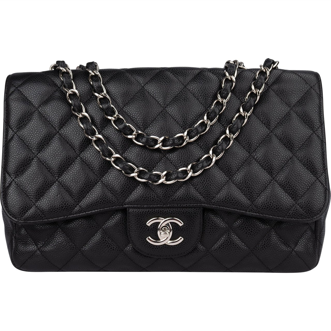 Chanel Chanel Quilted Caviar Leather Palladium Jumbo Single Flap Crossbody Bag Zwart