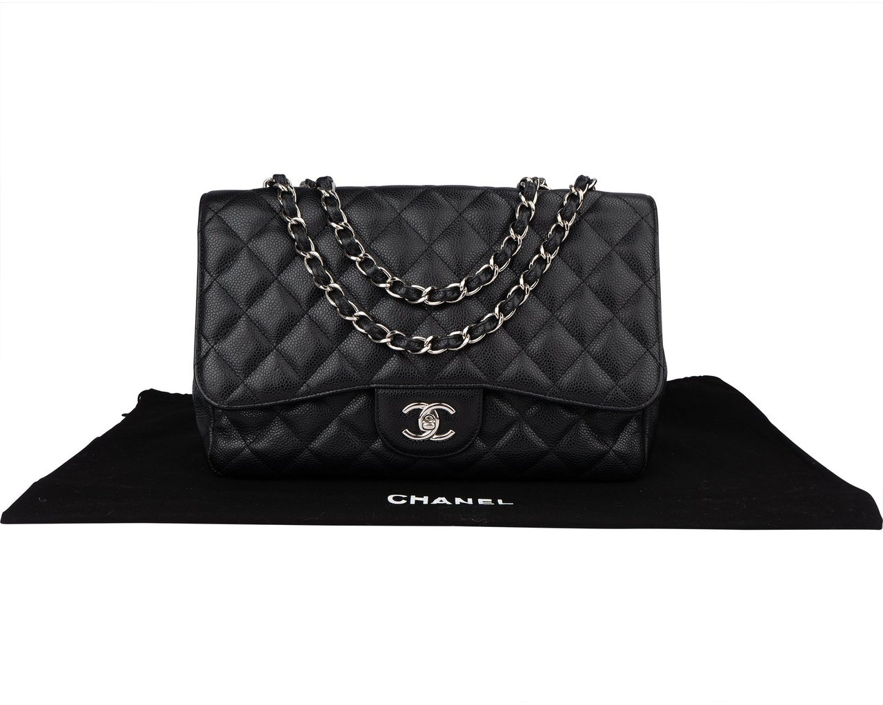 Chanel Chanel Quilted Caviar Leather Palladium Jumbo Single Flap Crossbody Bag Zwart