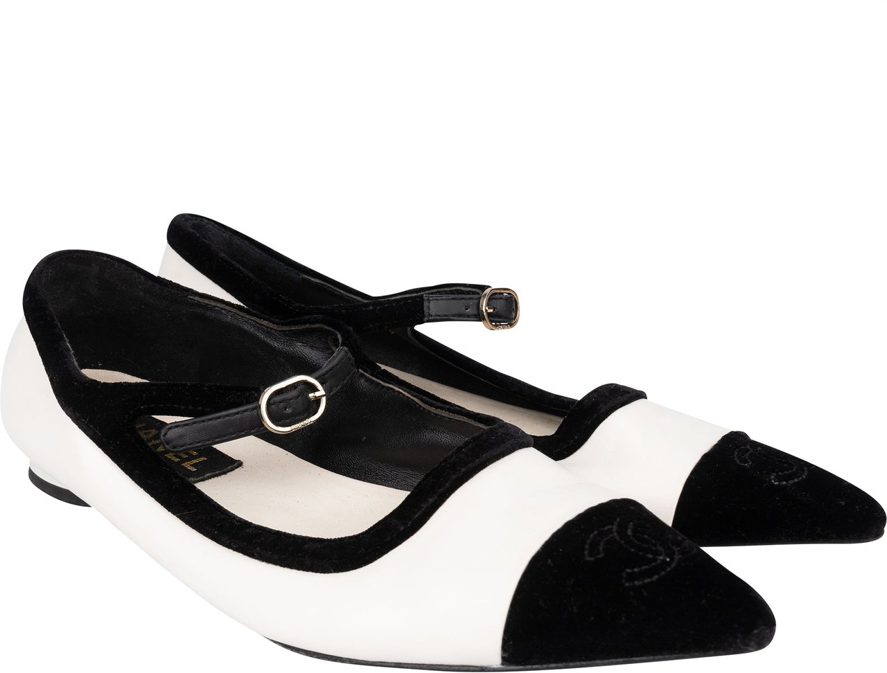 Chanel Chanel Bicolor Satin CC Mary Jane Ballerinas (37C) Wit