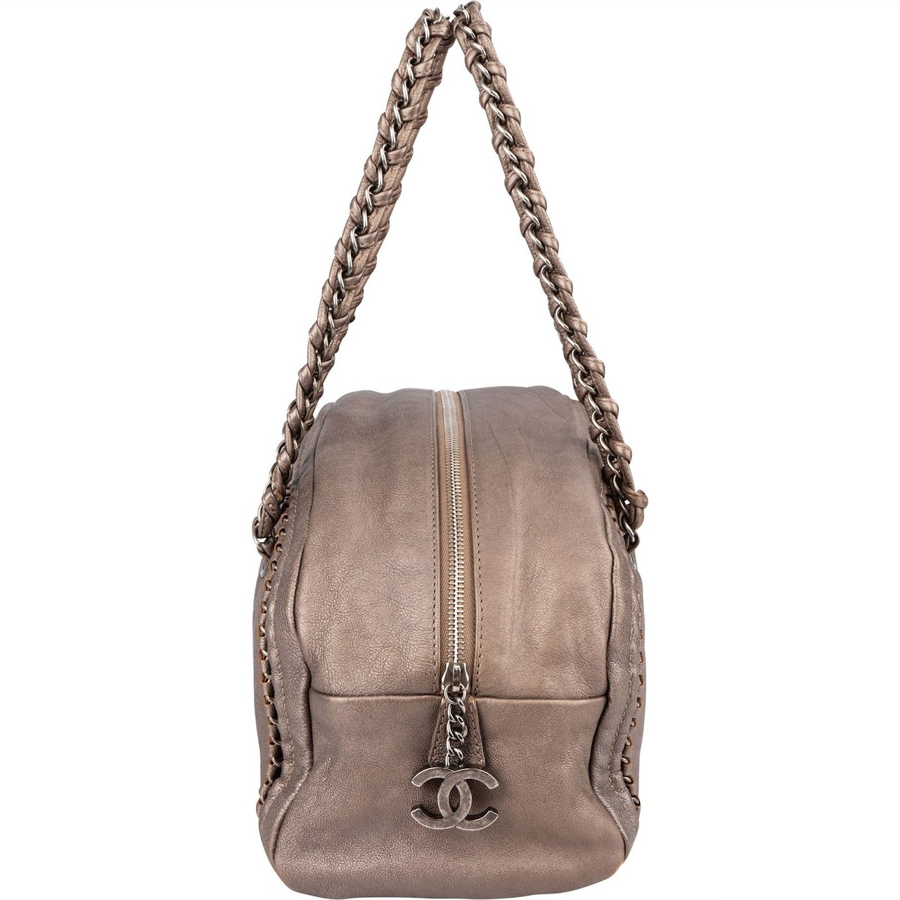 Chanel Metallic Leather Modern Chain Bowler Shoulder Bag Bruin