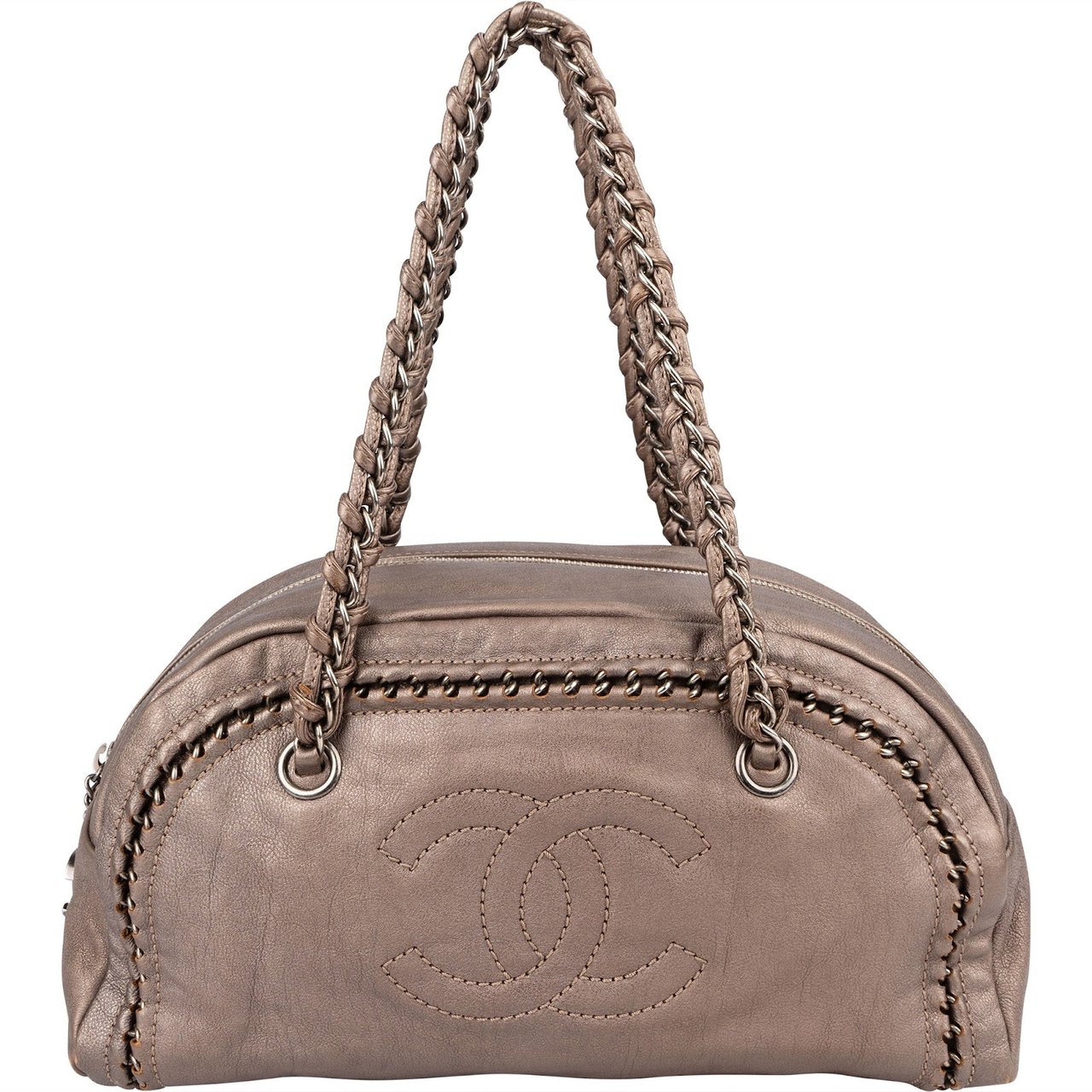 Chanel Metallic Leather Modern Chain Bowler Shoulder Bag Bruin