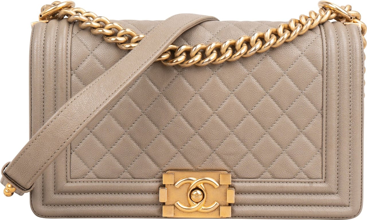 Chanel Quilted Caviar Leather Medium Single Boy Crossbody Bag Taupe