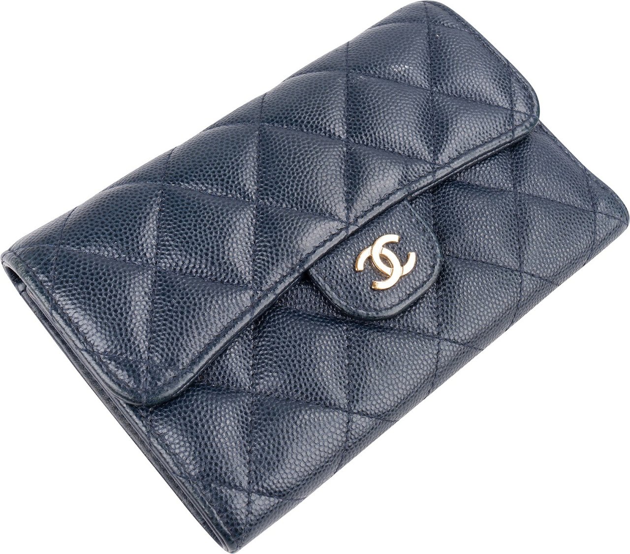 Chanel Quilted Caviar Leather Classic Flap Wallet Blauw