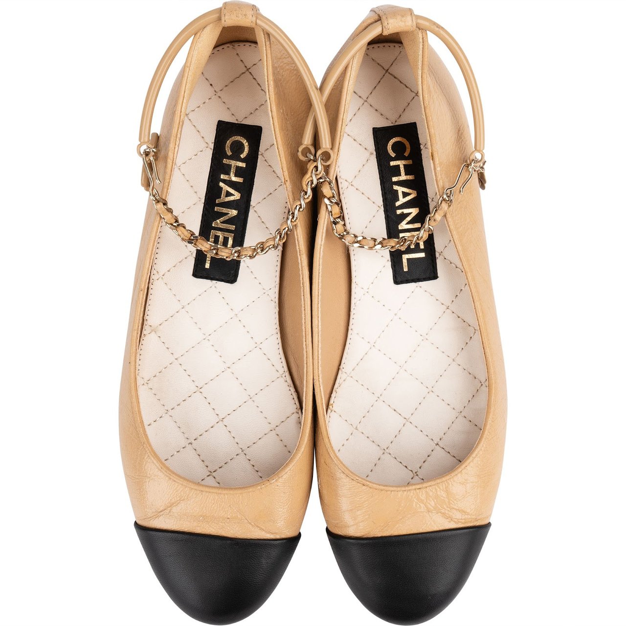 Chanel Bicolor Crinkled Leather Cap-Toe Chain Ballerina Flats (36) Beige