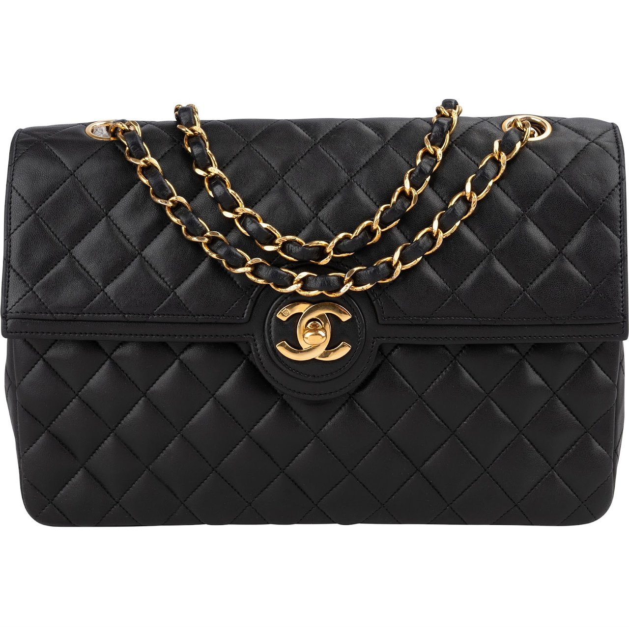 Chanel Quilted Lambskin 24K Gold Single Flap Shoulder Bag Zwart