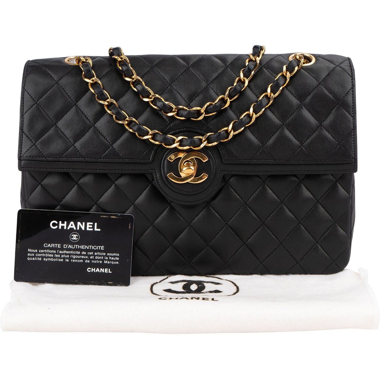Chanel Quilted Lambskin 24K Gold Single Flap Shoulder Bag Zwart