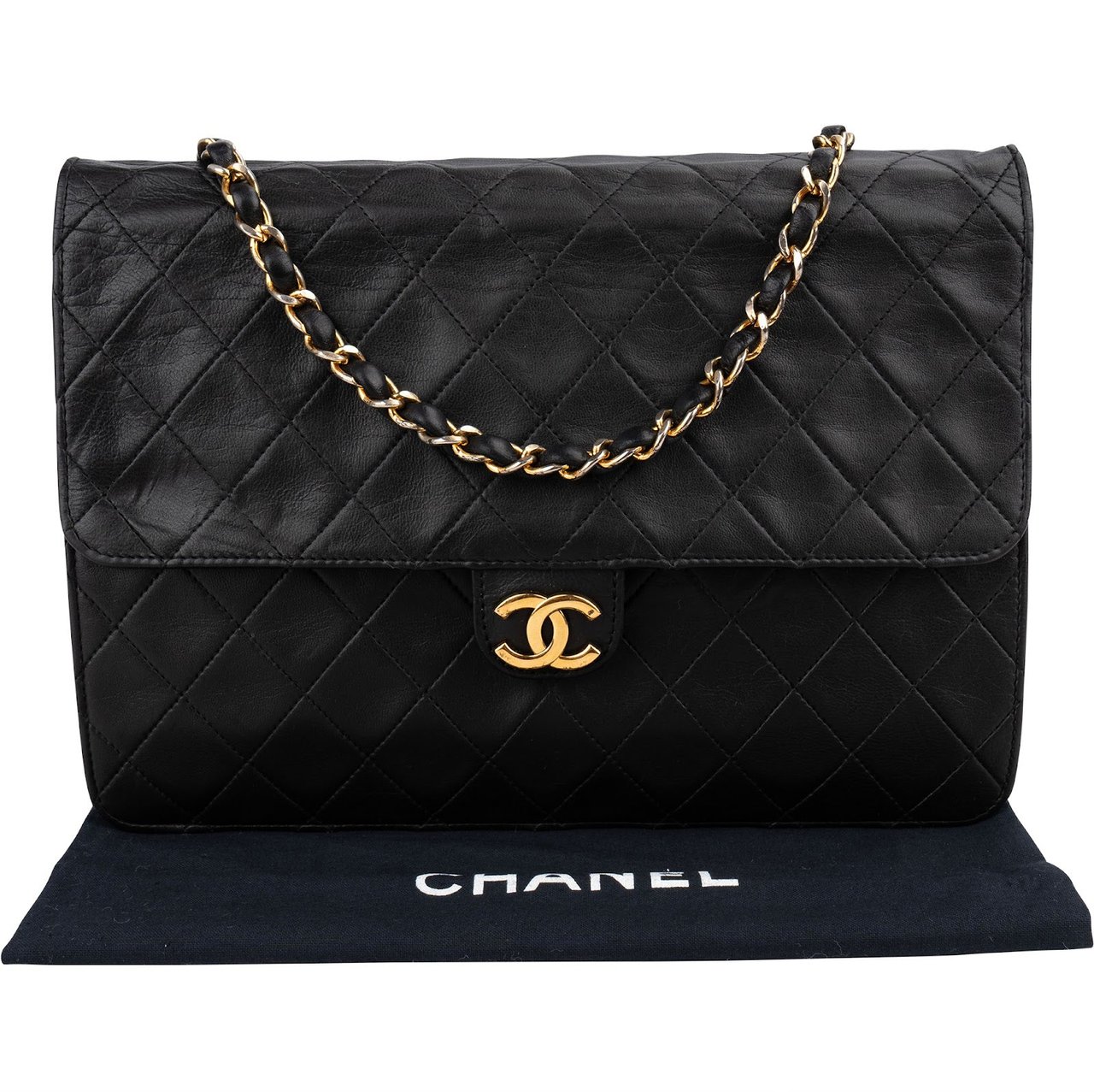 Chanel Quilted Lambskin 24K Gold Single Flap Shoulder Bag Zwart