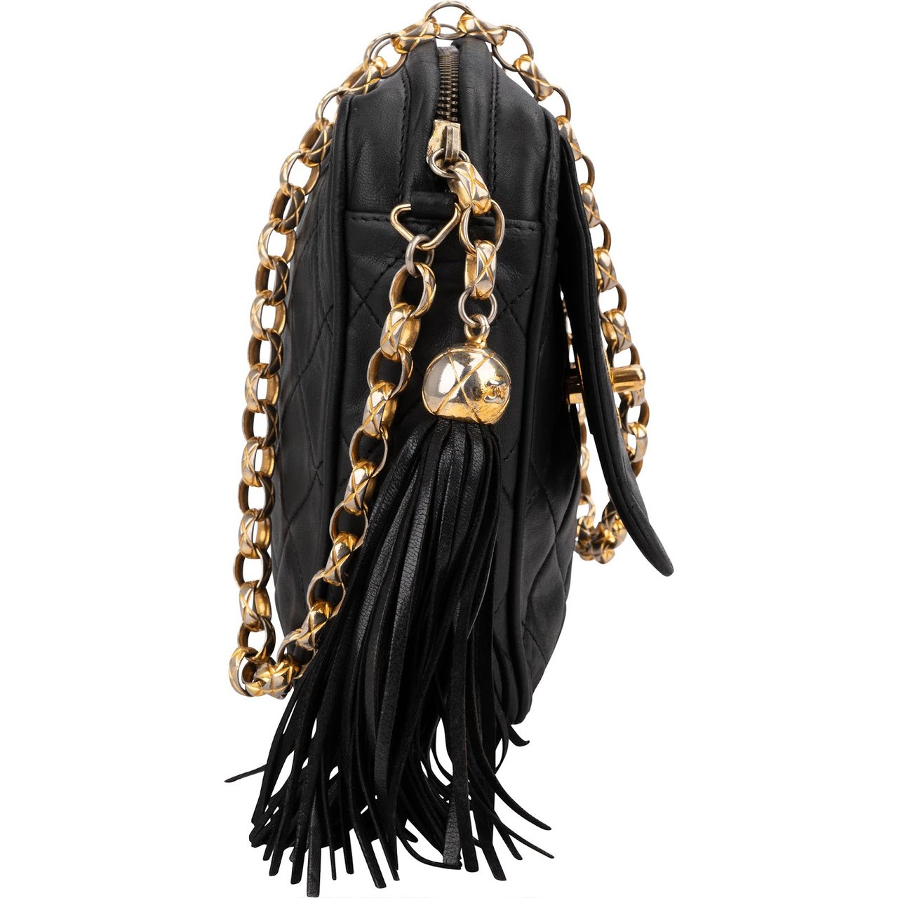 Chanel Quilted Lambskin Tassel Camera 24K Gold Crossbody Bag Zwart