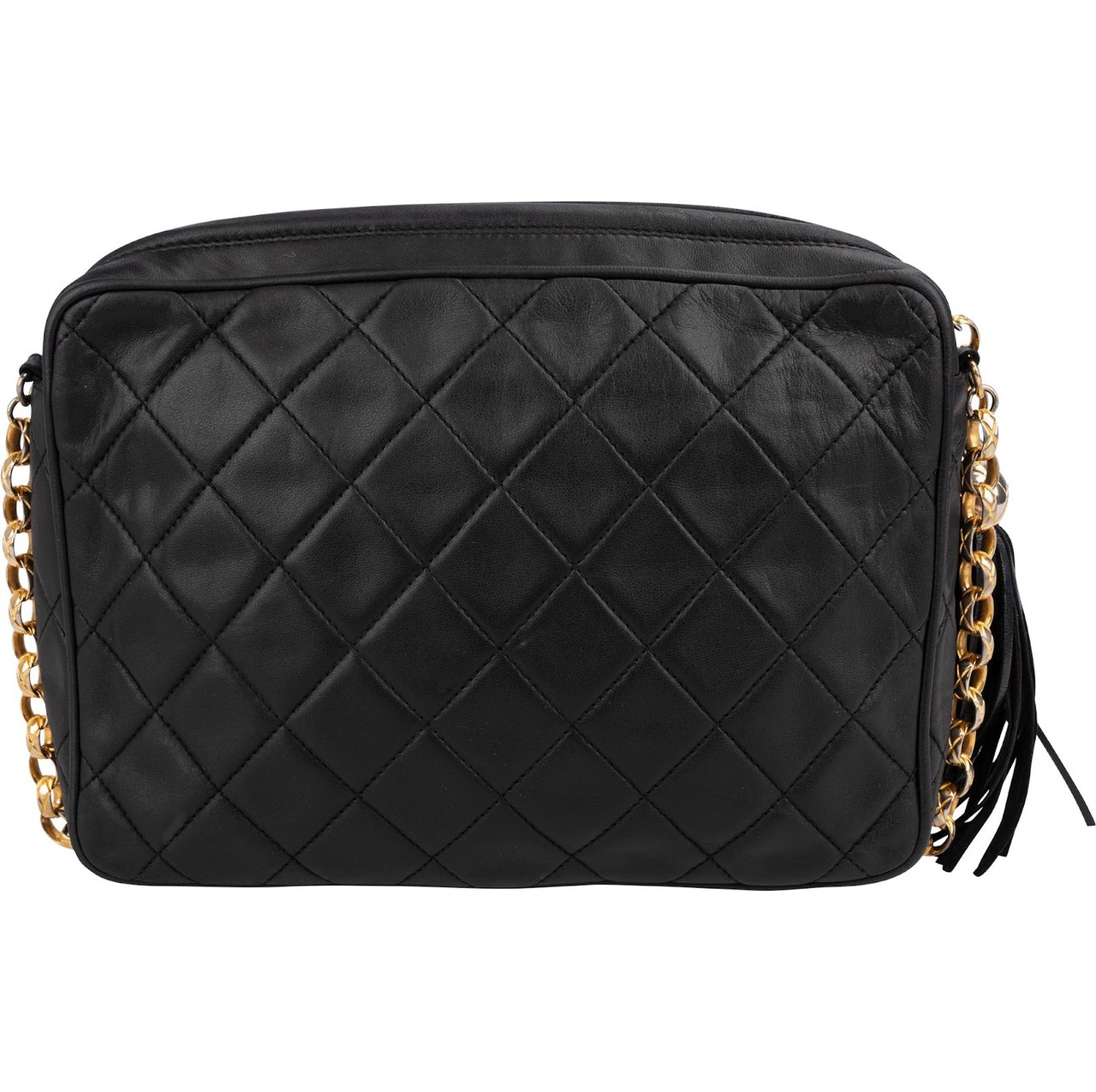 Chanel Quilted Lambskin Tassel Camera 24K Gold Crossbody Bag Zwart