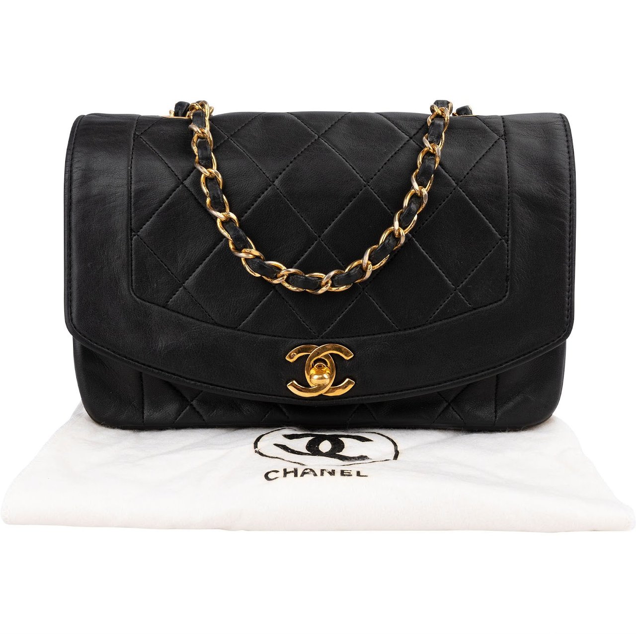 Chanel Quilted Lambskin 24K Gold Diana Small Single Flap Crossbody Bag Zwart