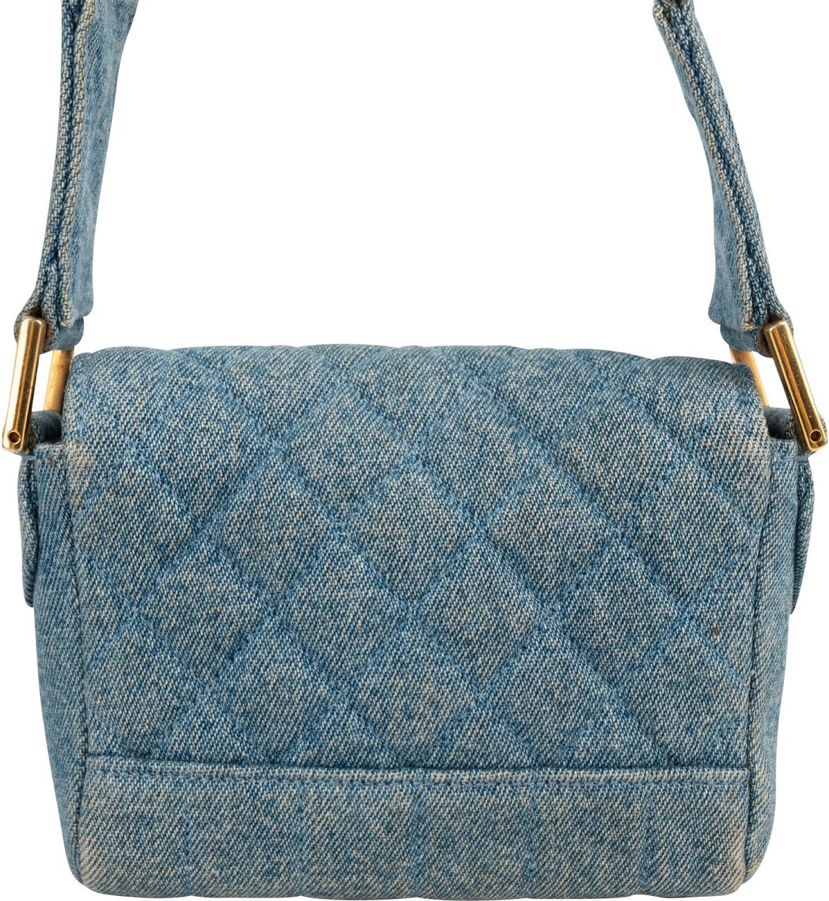 Chanel Iconic Quilted Denim 24K Gold Single Flap Runaway Shoulder Bag Blauw