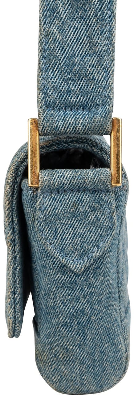 Chanel Iconic Quilted Denim 24K Gold Single Flap Runaway Shoulder Bag Blauw