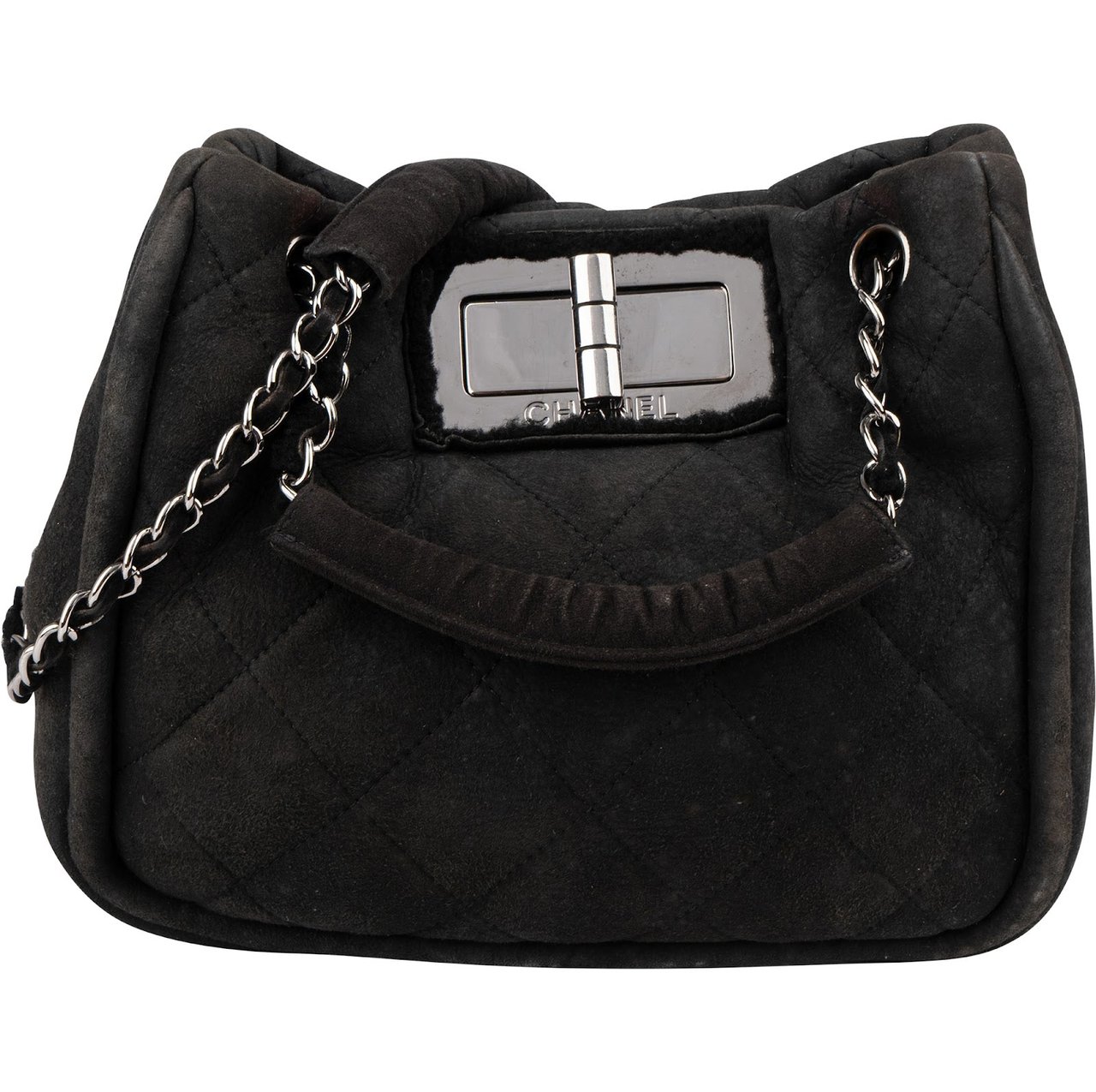 Chanel Suede 2.55 Sherling Accordion Flap Shoulder Bag Zwart
