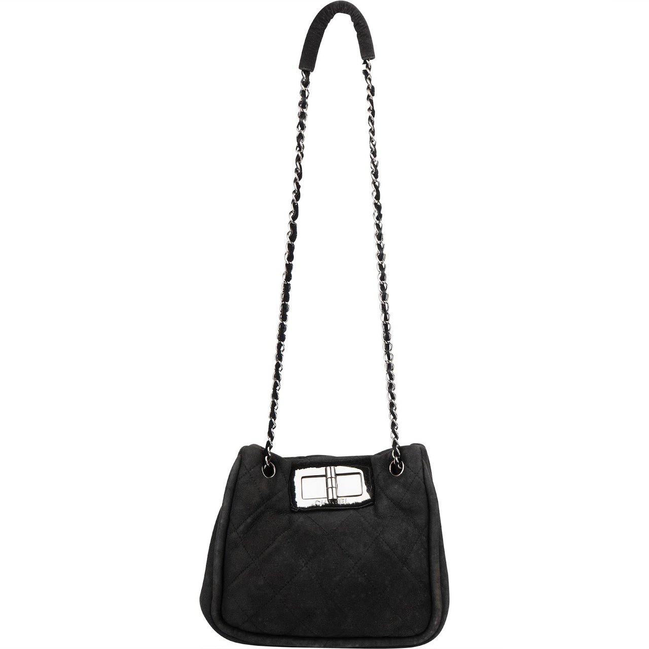 Chanel Suede 2.55 Sherling Accordion Flap Shoulder Bag Zwart