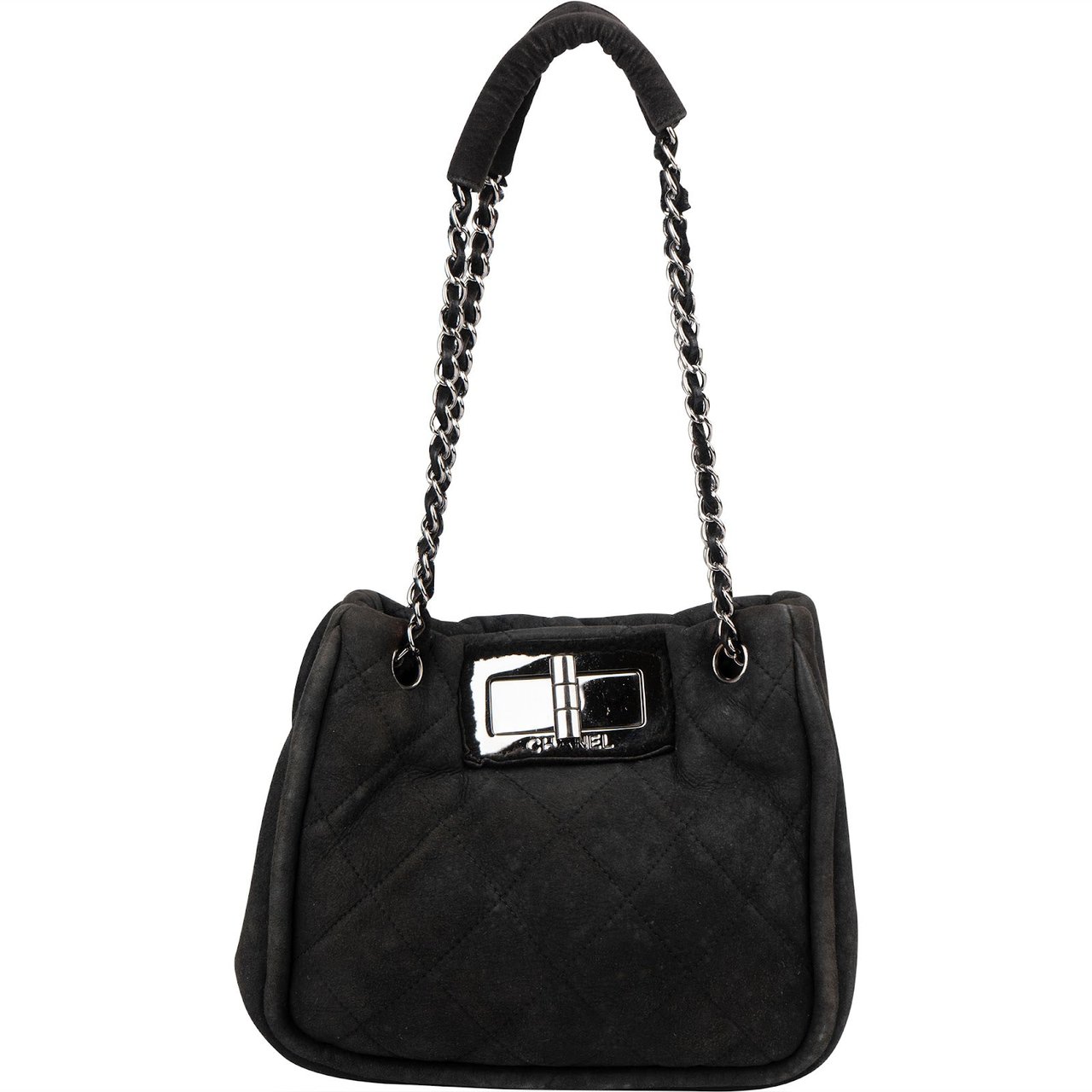 Chanel Suede 2.55 Sherling Accordion Flap Shoulder Bag Zwart