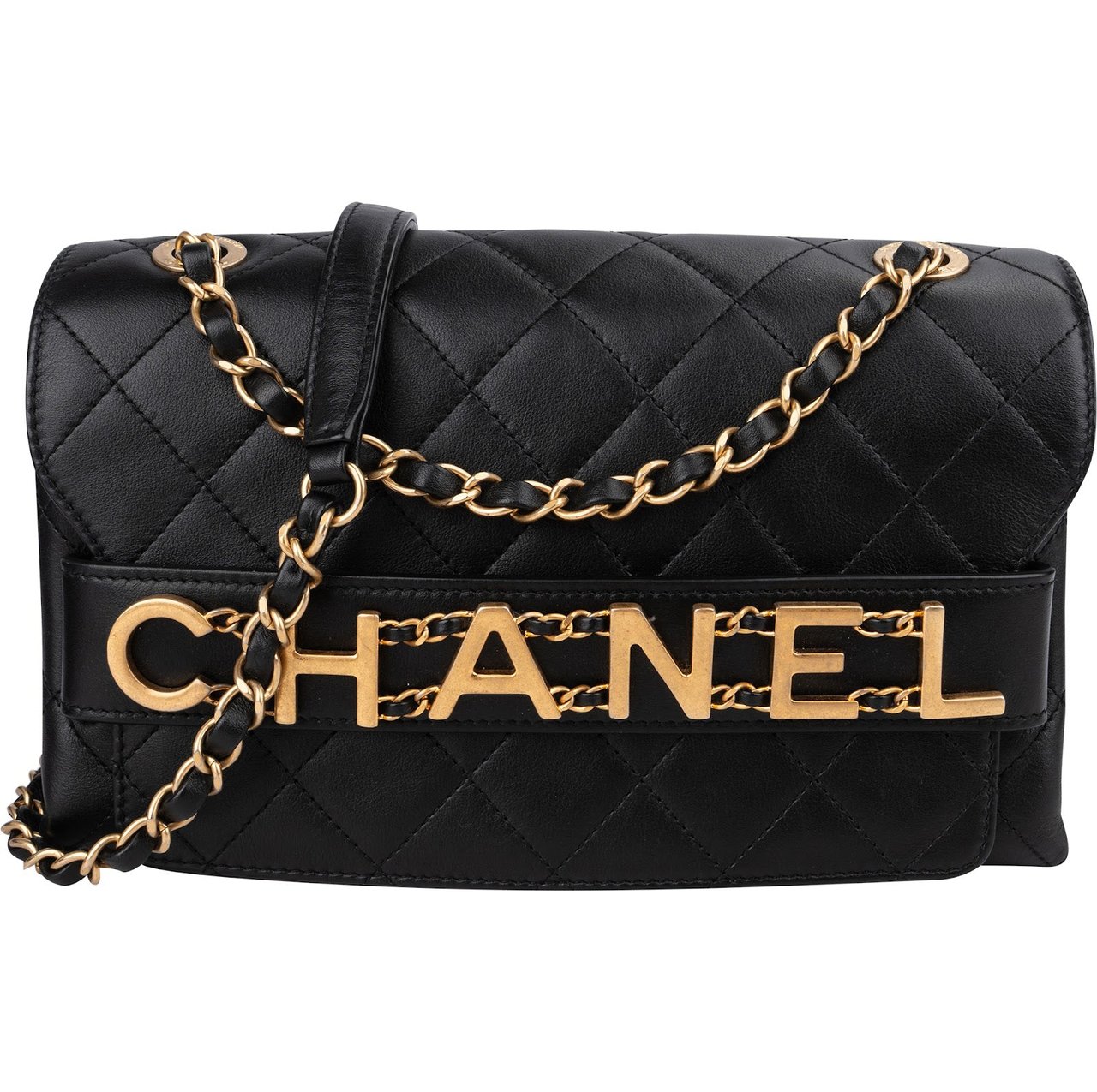 Chanel Quilted Lambskin Chain Spellout Letters Single Flap Crossbody Bag Zwart