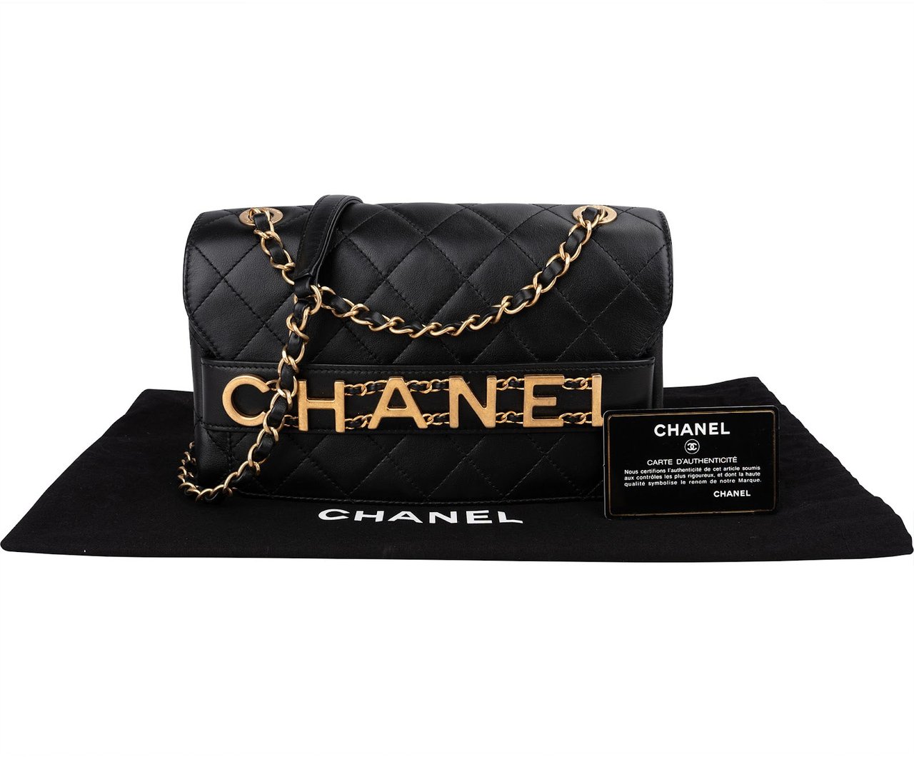 Chanel Quilted Lambskin Chain Spellout Letters Single Flap Crossbody Bag Zwart