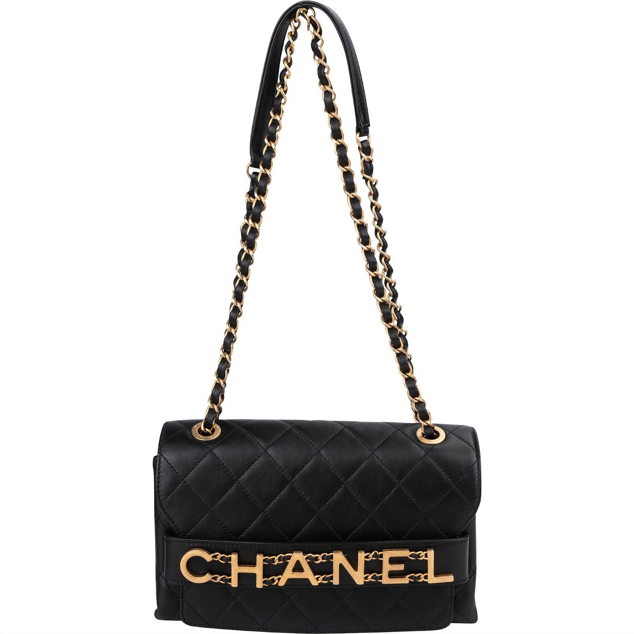 Chanel Quilted Lambskin Chain Spellout Letters Single Flap Crossbody Bag Zwart