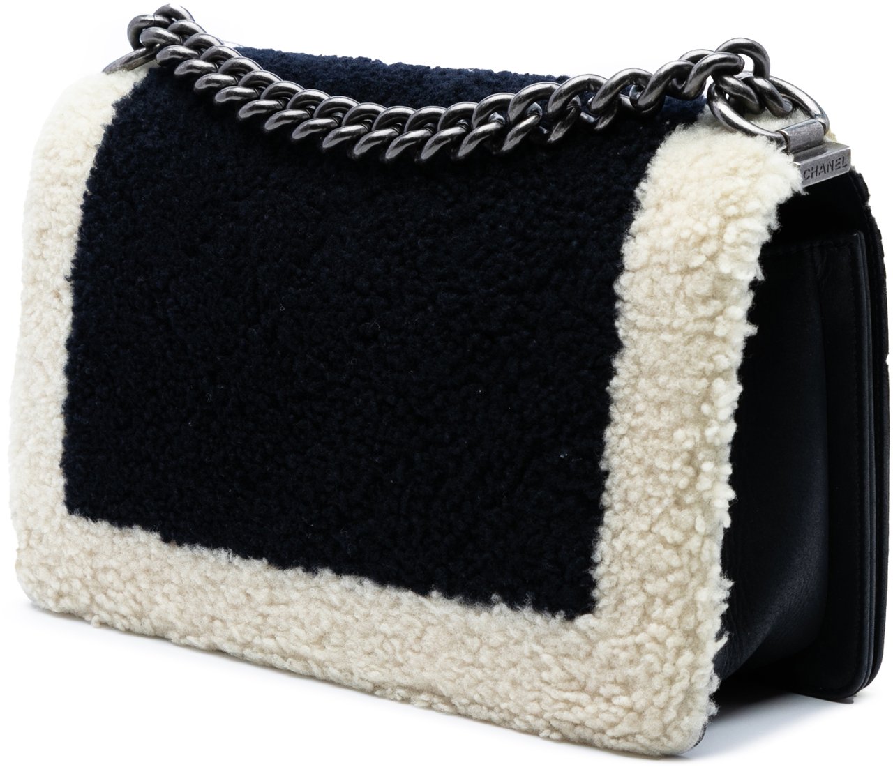 Chanel Old Medium Bicolor Shearling Boy Flap Zwart