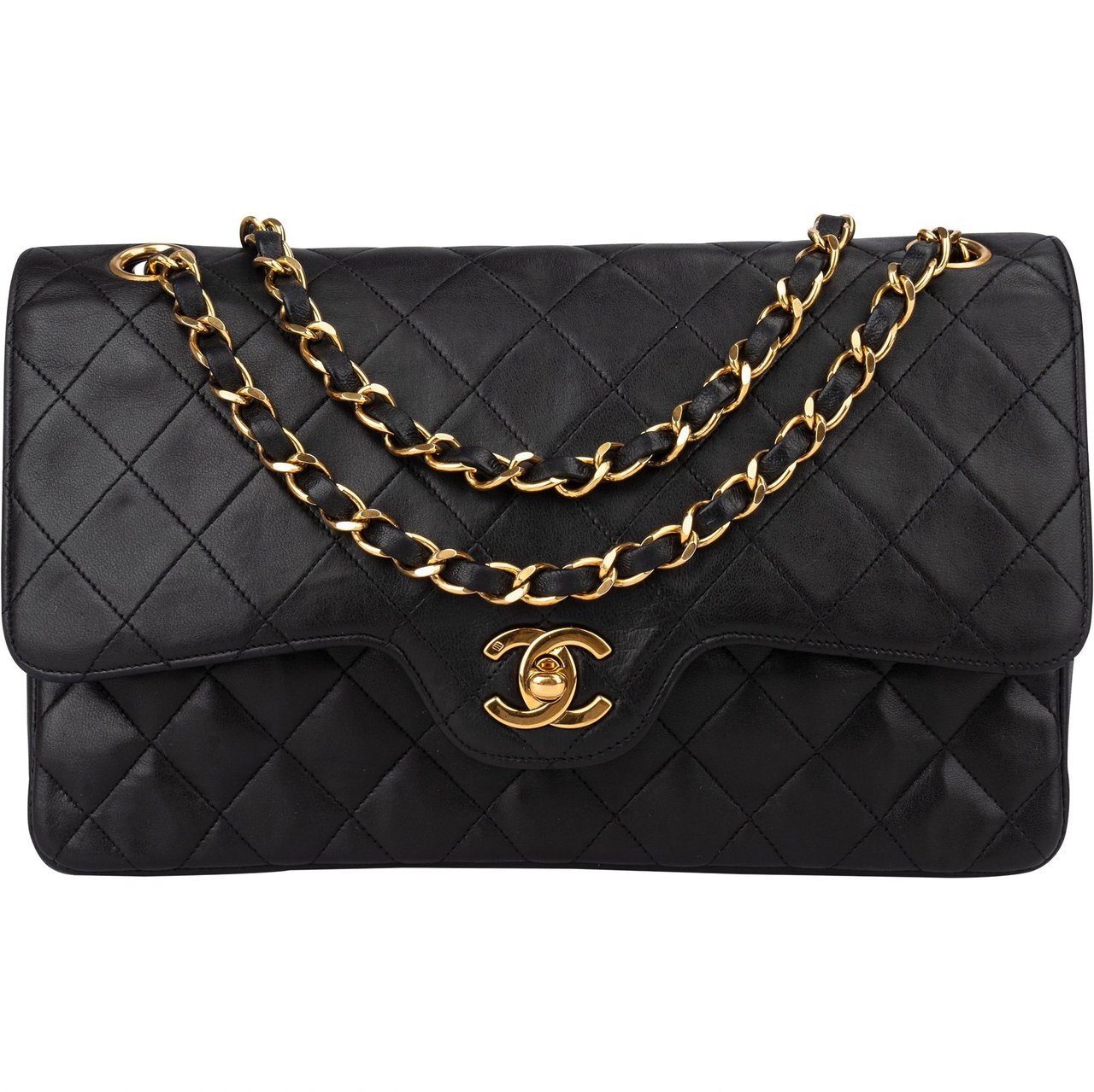 Chanel Chanel Quilted Lambskin 24K Gold Double Flap Crossbody Bag Zwart
