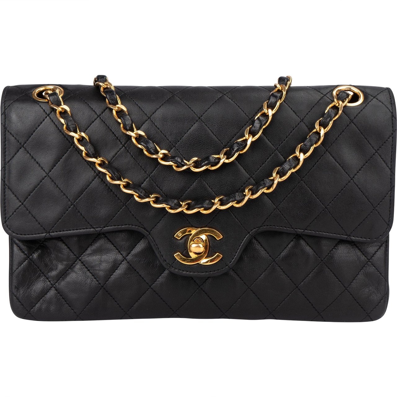 Chanel Chanel Quilted Lambskin 24K Gold Double Flap Crossbody Bag Zwart