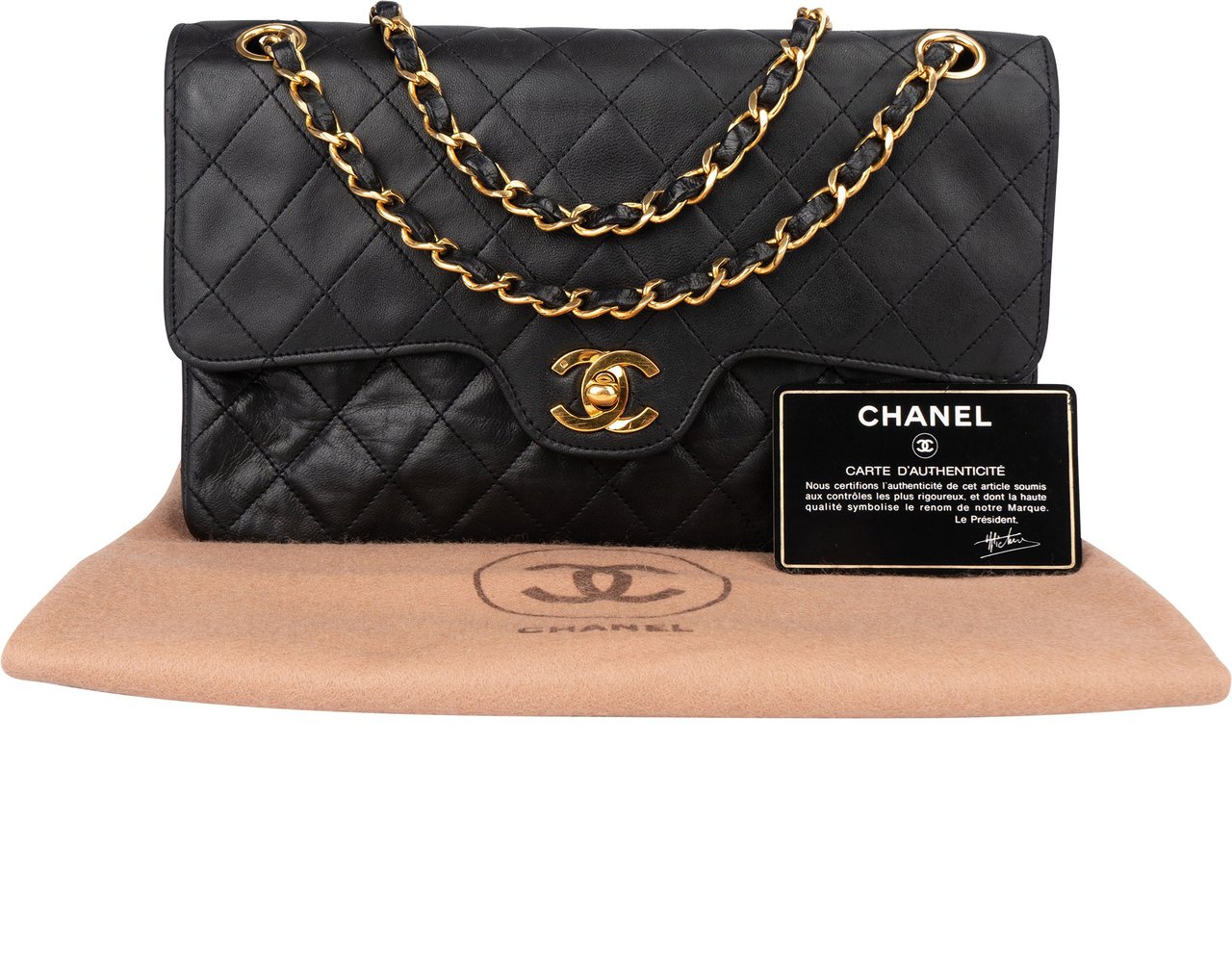 Chanel Chanel Quilted Lambskin 24K Gold Double Flap Crossbody Bag Zwart