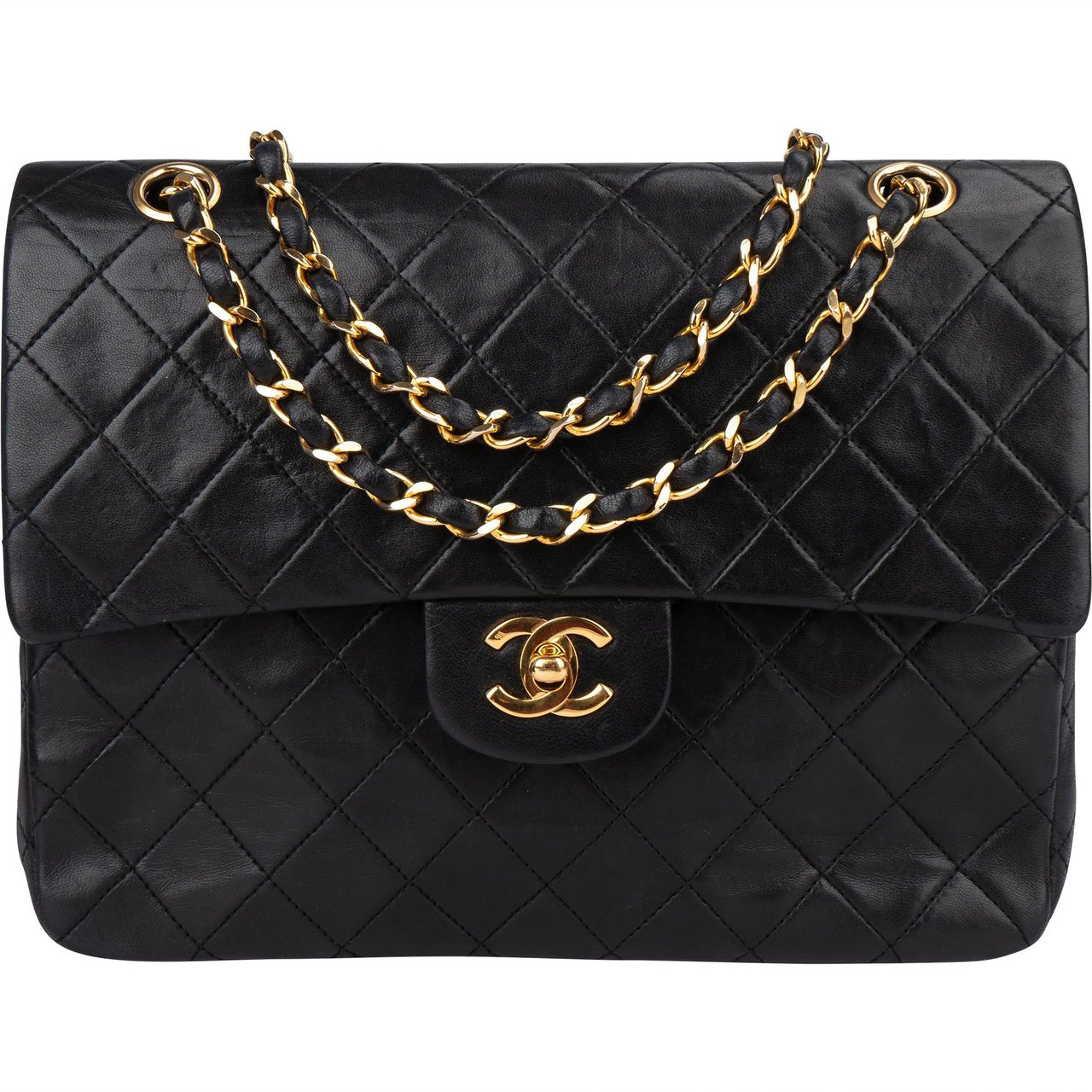 Chanel Chanel Quilted Lambskin 24K Gold Double Flap Shoulder Bag Zwart