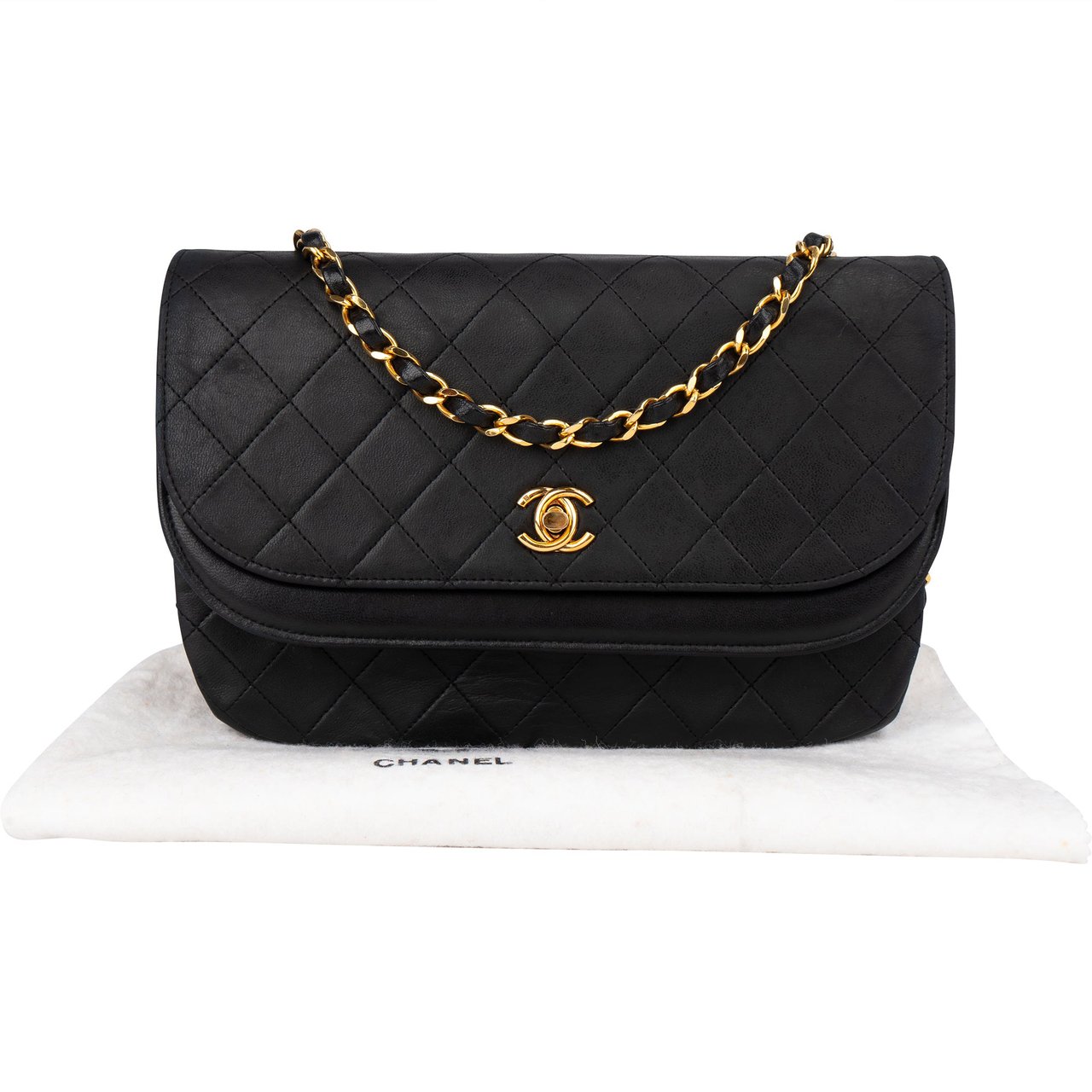 Chanel Chanel Quilted Lambskin 24K Gold Halfmoon Double Flap Crossbody Bag Zwart