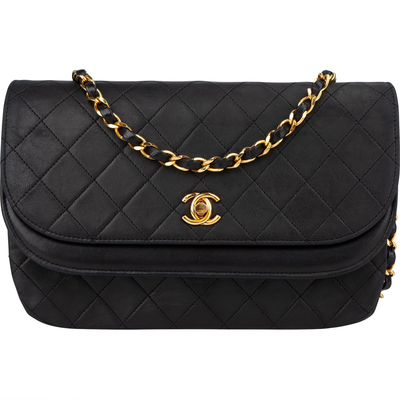 Chanel Chanel Quilted Lambskin 24K Gold Halfmoon Double Flap Crossbody Bag Zwart