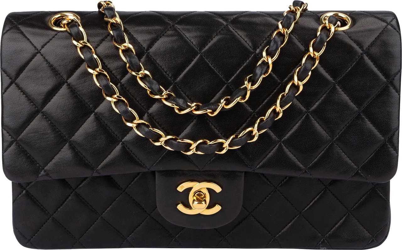 Chanel Chanel Quilted Lambskin 24K Gold Double Flap Crossbody Bag Zwart