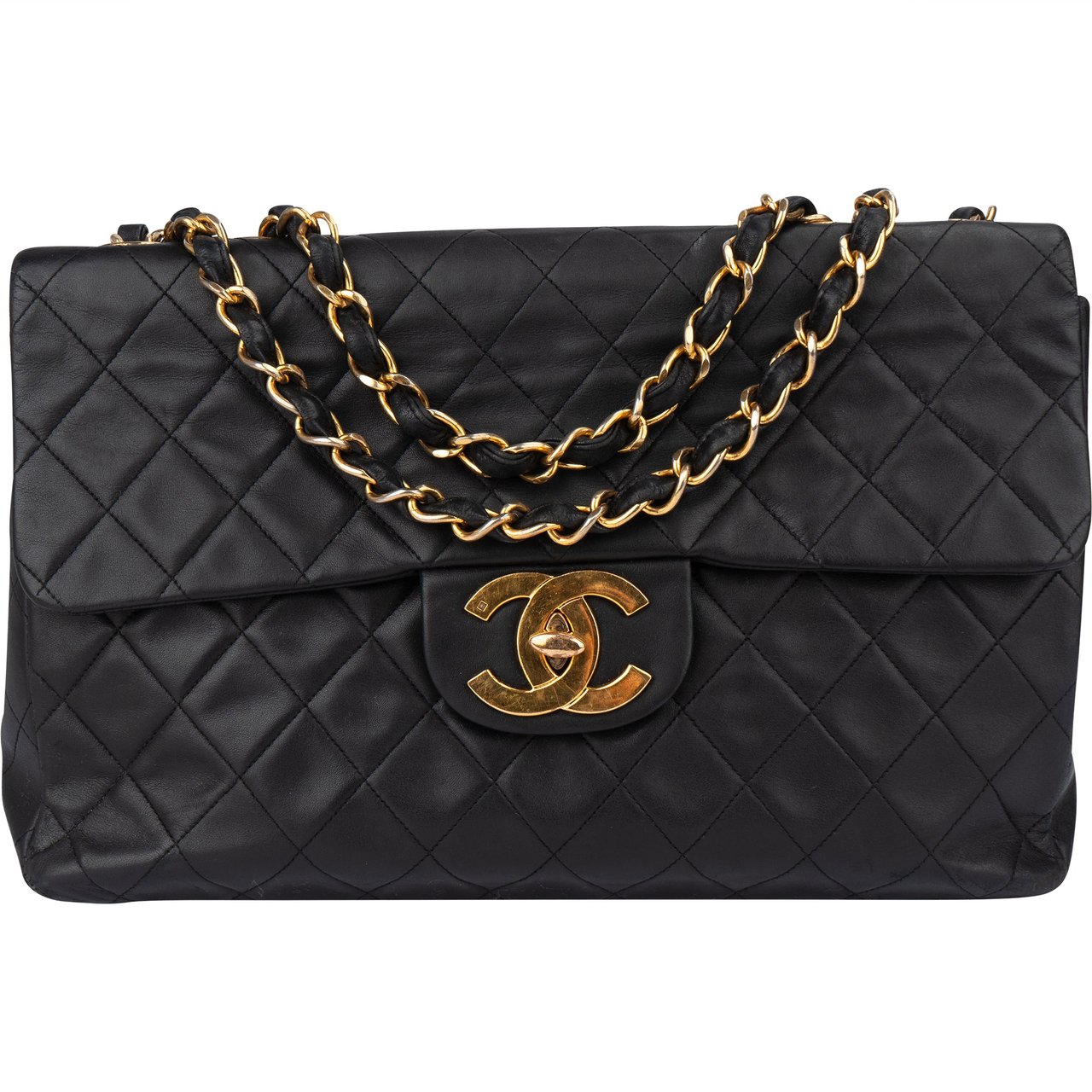 Chanel Chanel Quilted Lambskin 24K Gold Maxi Single Flap Crossbody Bag Zwart
